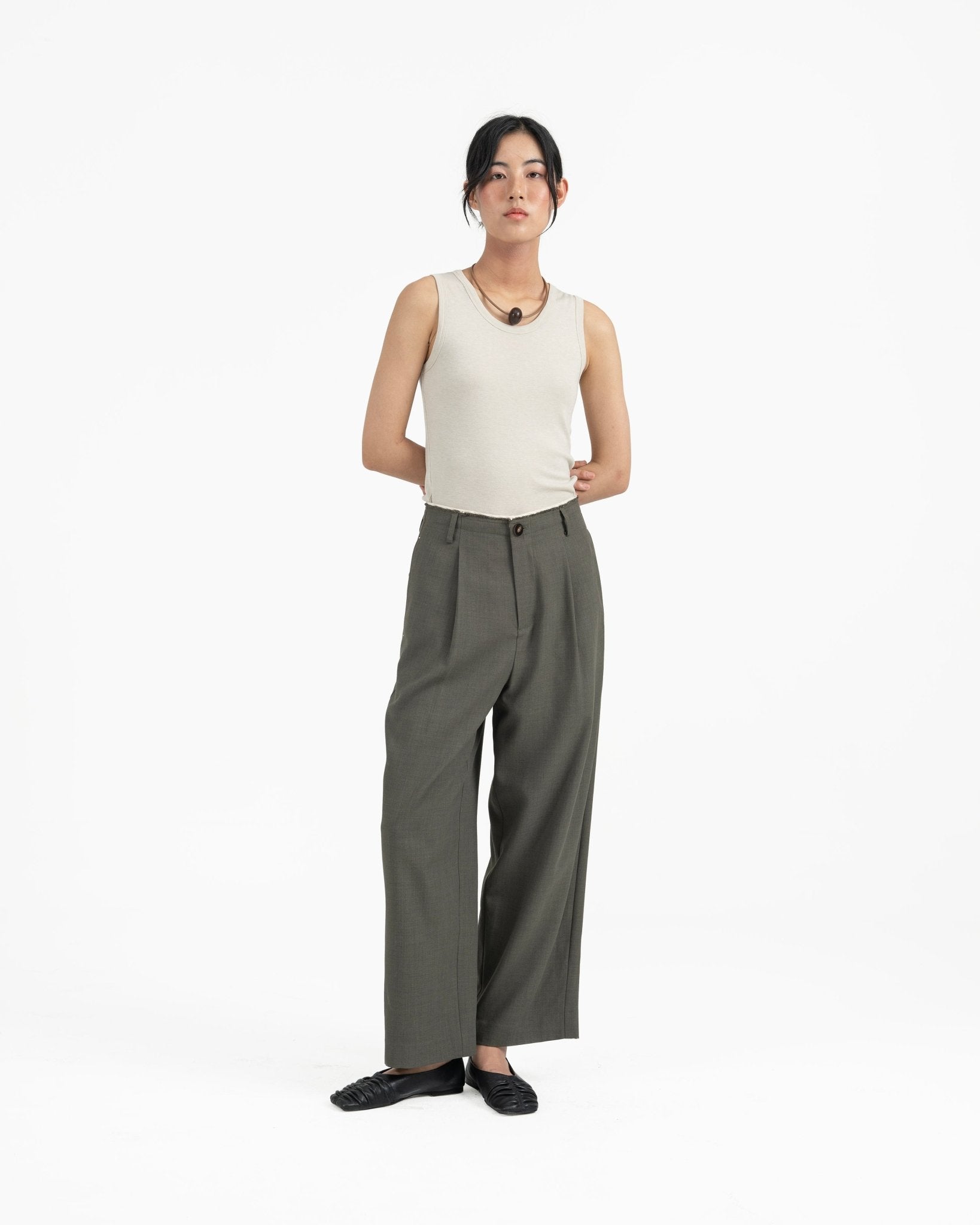 Raw Edged Tailored Pants - Olive Gray - G R A Y E