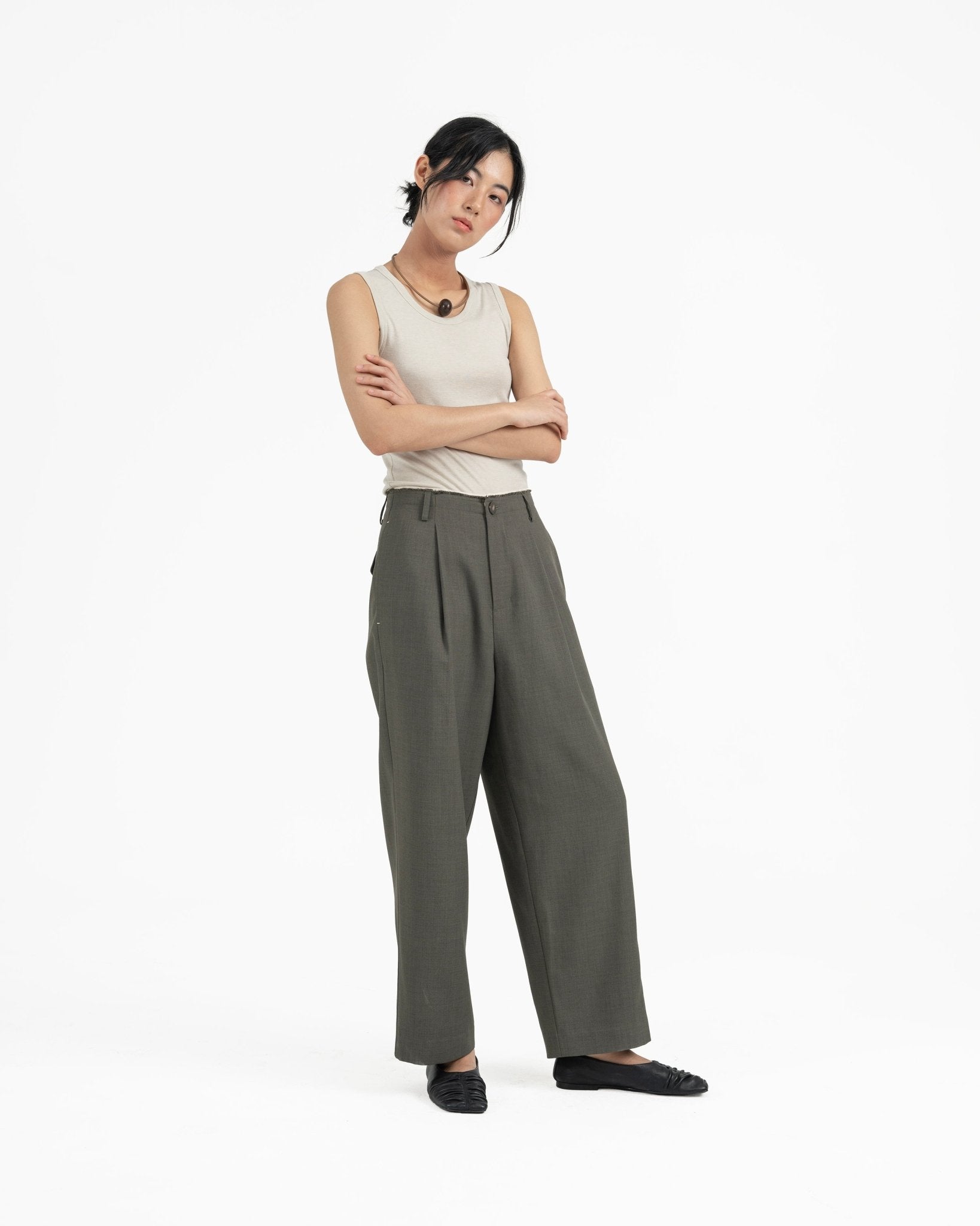 Raw Edged Tailored Pants - Olive Gray - G R A Y E