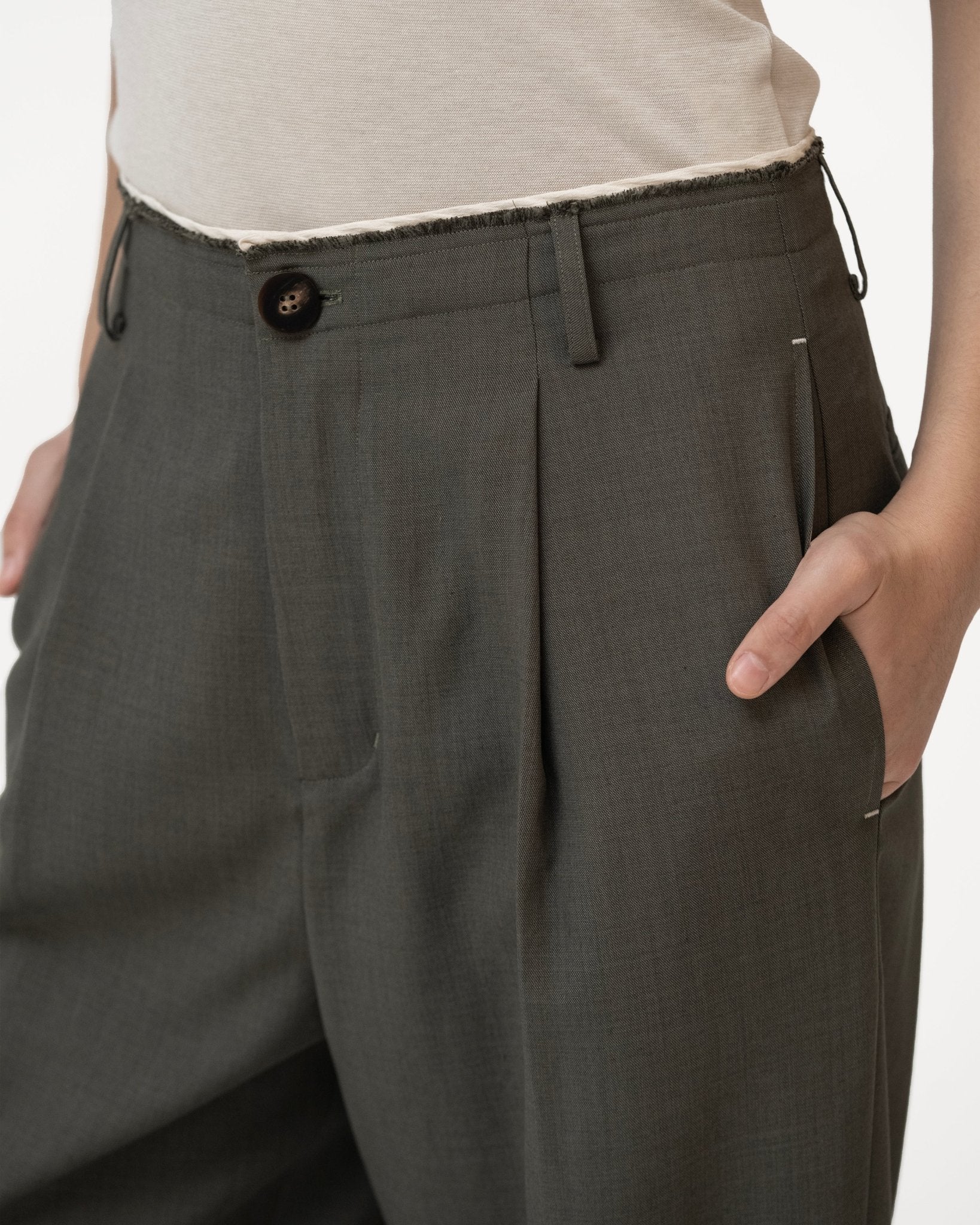 Raw Edged Tailored Pants - Olive Gray - G R A Y E