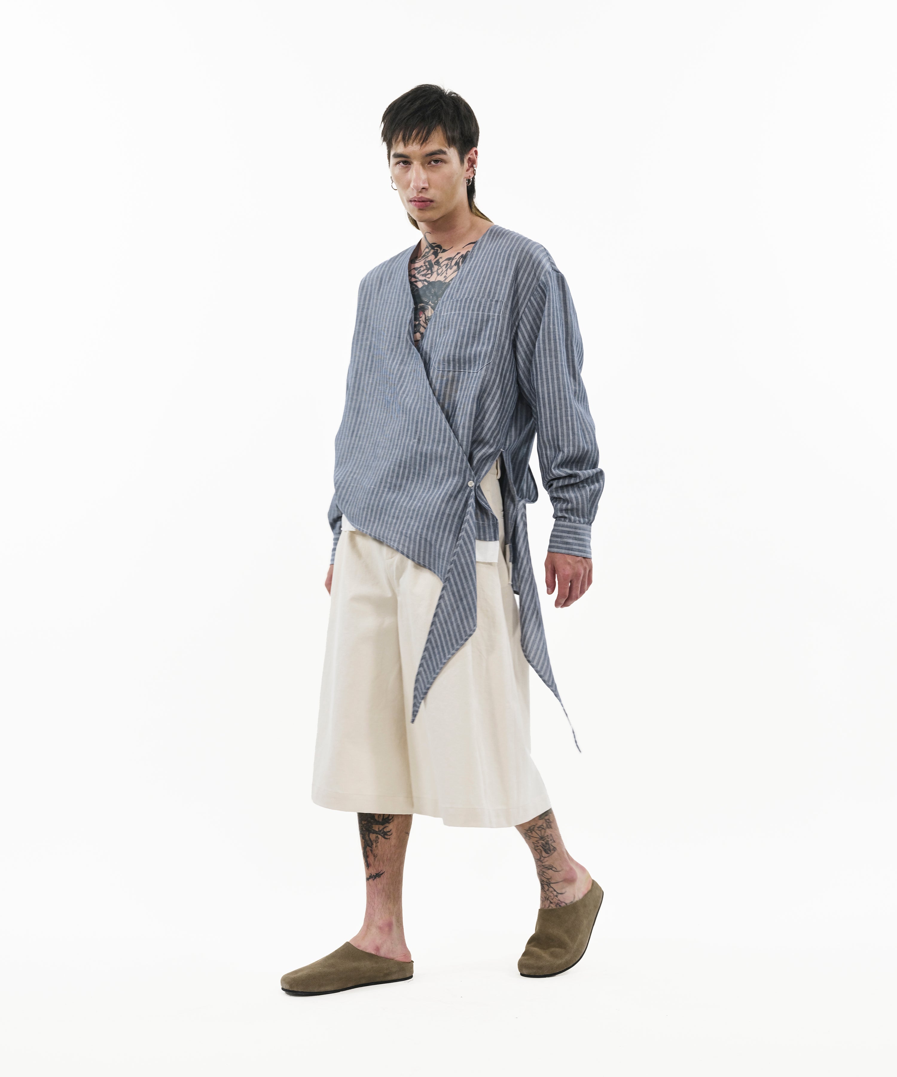 Asymmetrical Wrap Shirt - Blue Stripes