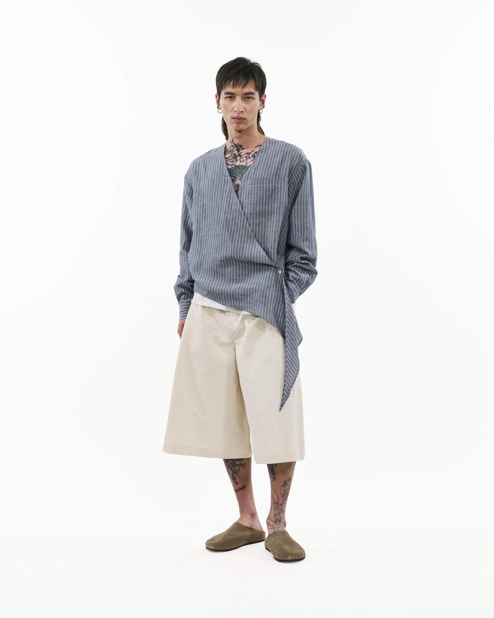 Asymmetrical Wrap Shirt - Blue Stripes - G R A Y E