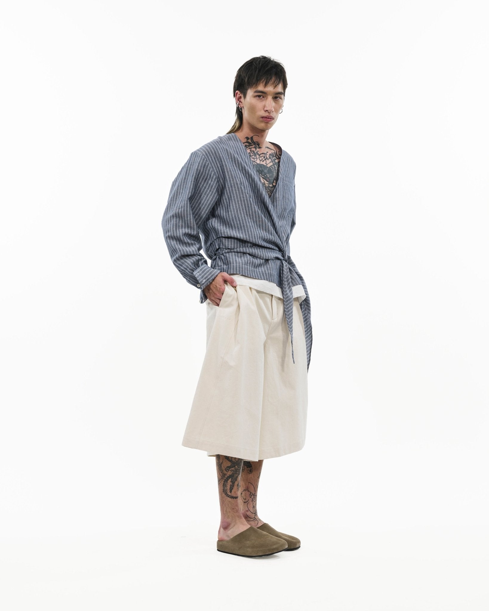 Asymmetrical Wrap Shirt - Blue Stripes - G R A Y E