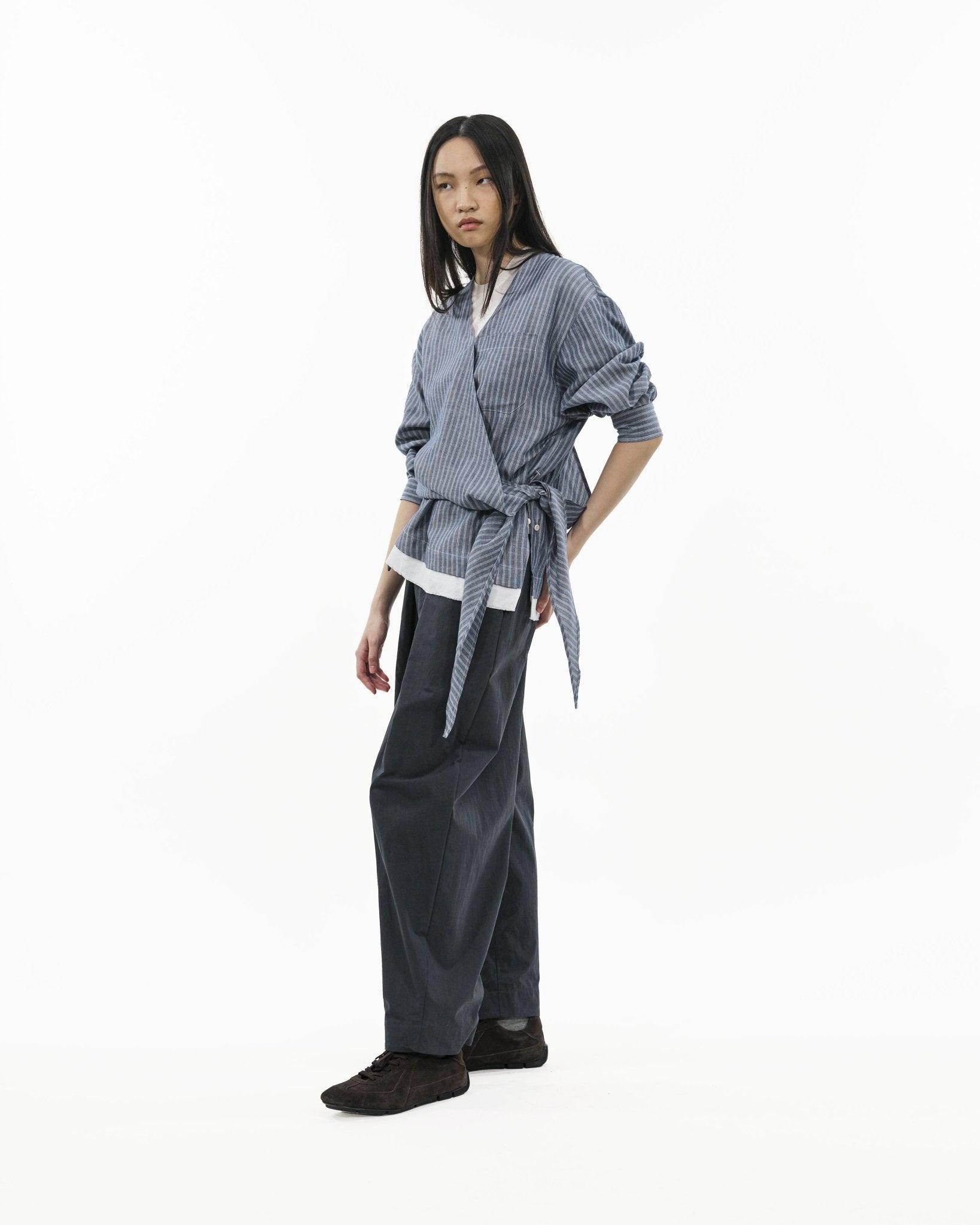 Asymmetrical Wrap Shirt - Blue Stripes - G R A Y E