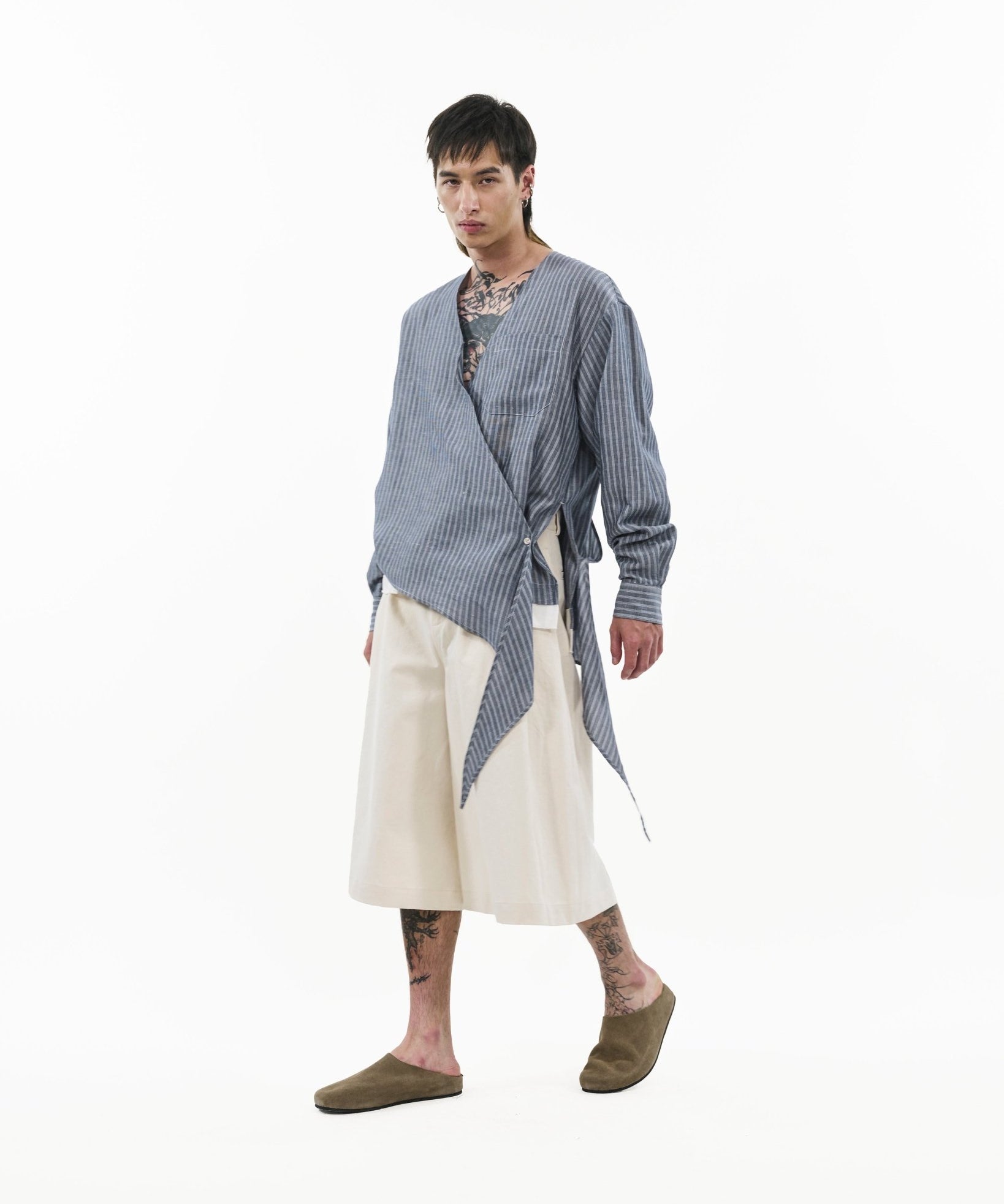 Asymmetrical Wrap Shirt - Blue Stripes - G R A Y E