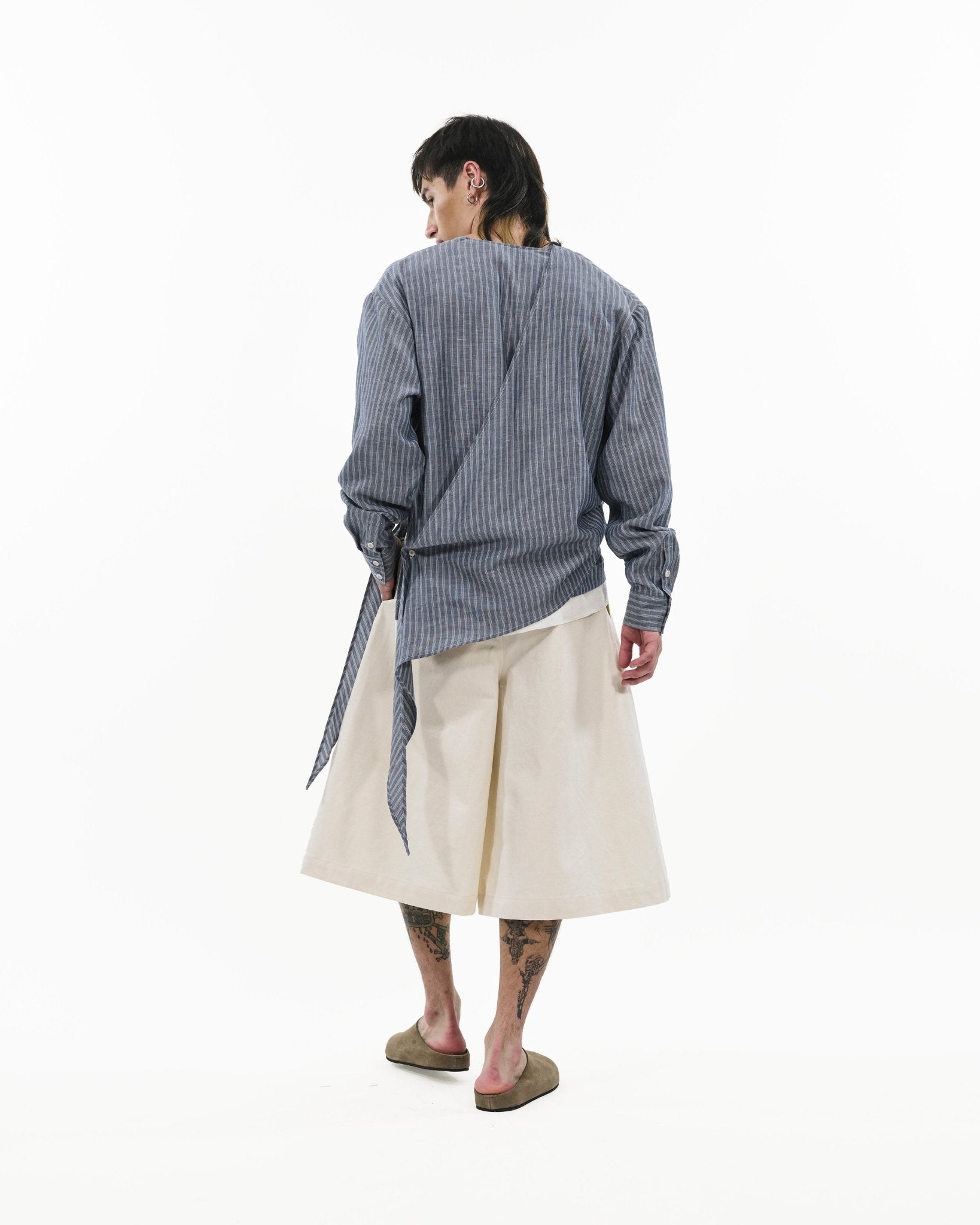 Asymmetrical Wrap Shirt - Blue Stripes - G R A Y E