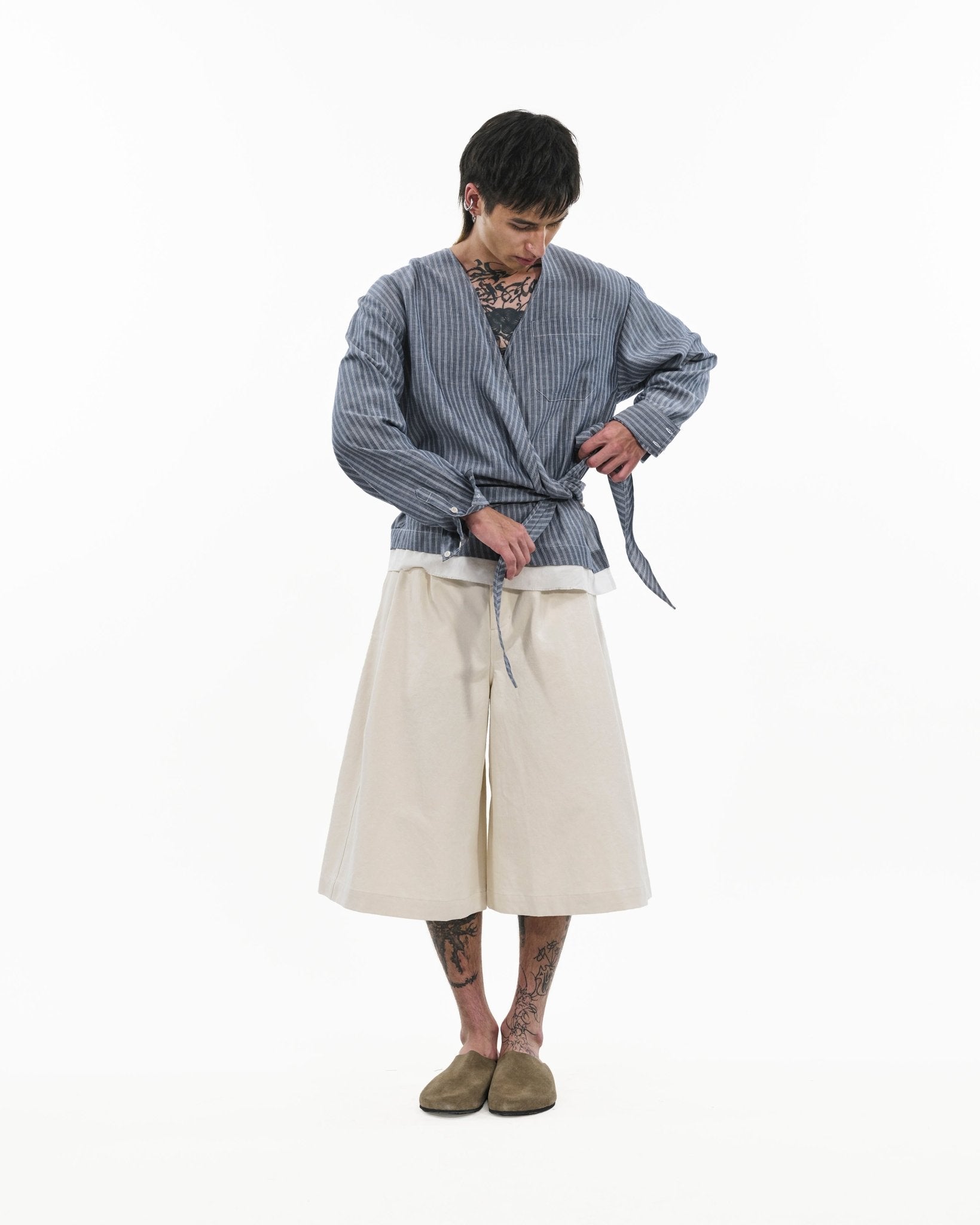 Asymmetrical Wrap Shirt - Blue Stripes - G R A Y E