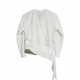 Asymmetrical Wrap Shirt - White Stripes - G R A Y E