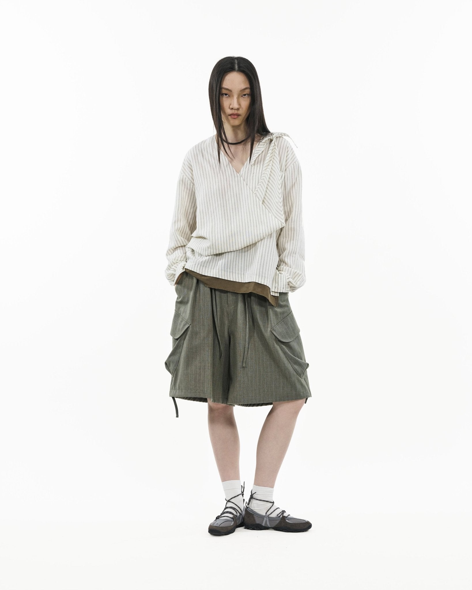 Asymmetrical Wrap Shirt - White Stripes - G R A Y E