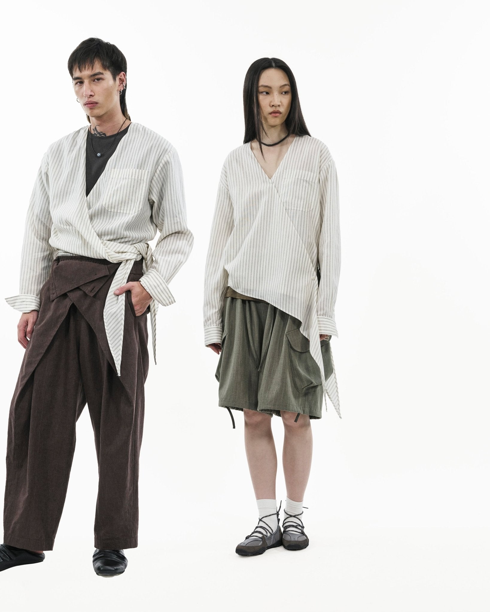 Asymmetrical Wrap Shirt - White Stripes - G R A Y E