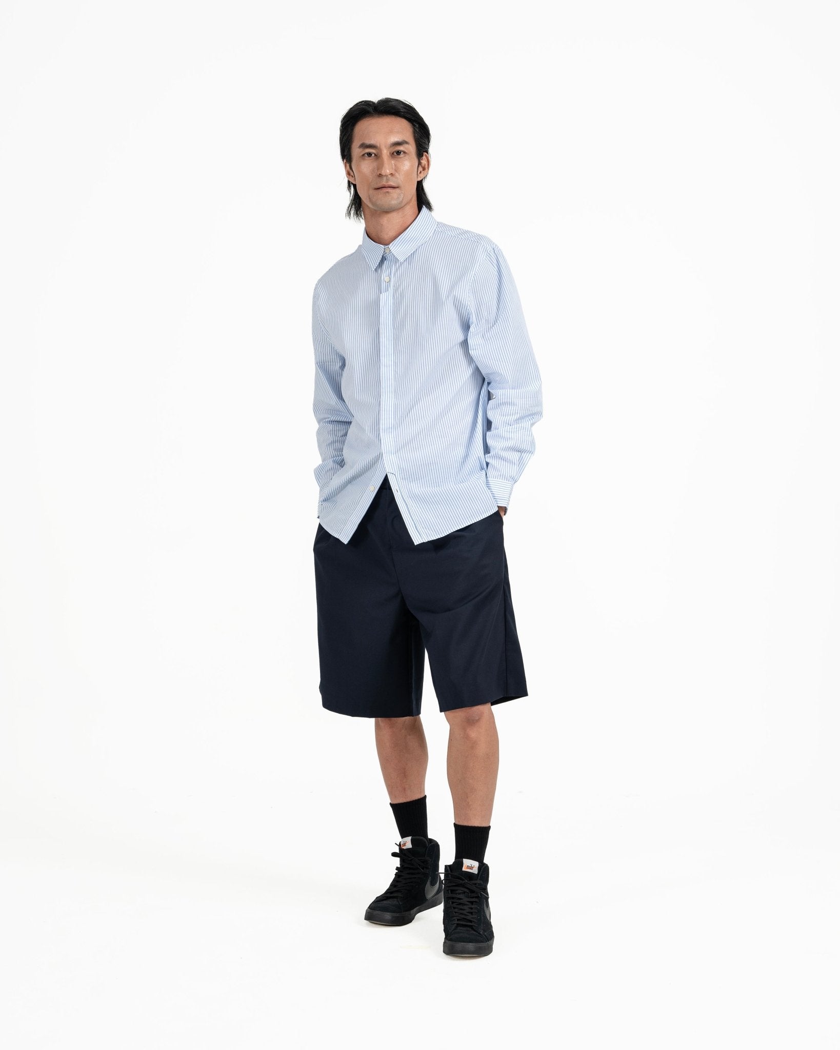 Cut - out Placket Shirt - Blue Stripes - G R A Y E