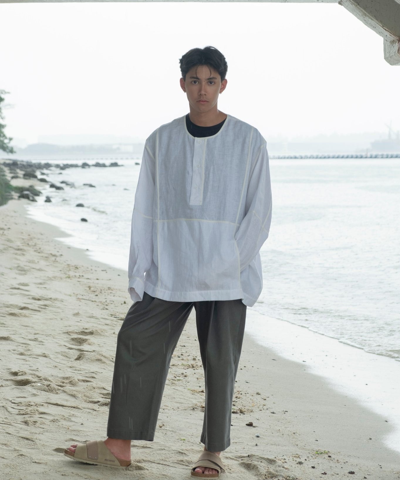 Oversized Linen Grid Shirt - G R A Y E