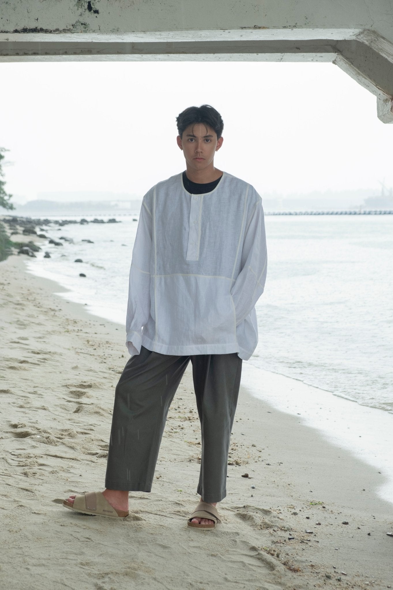 Oversized Linen Grid Shirt - G R A Y E