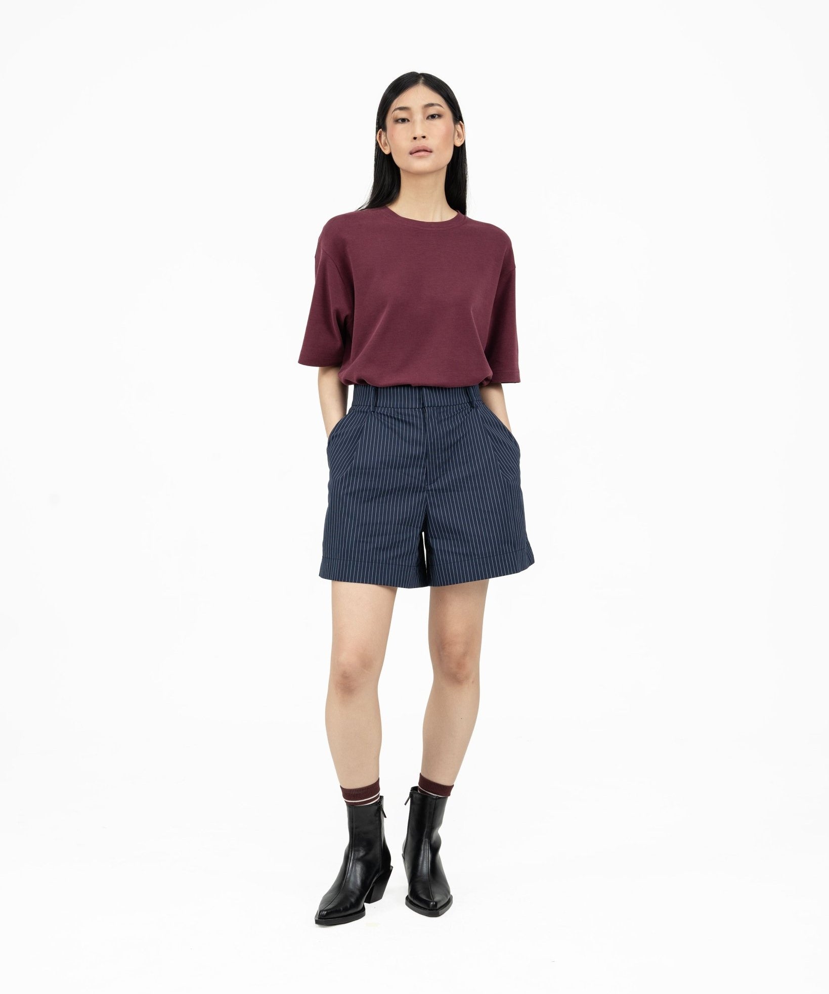 Pleated Striped Shorts - G R A Y E