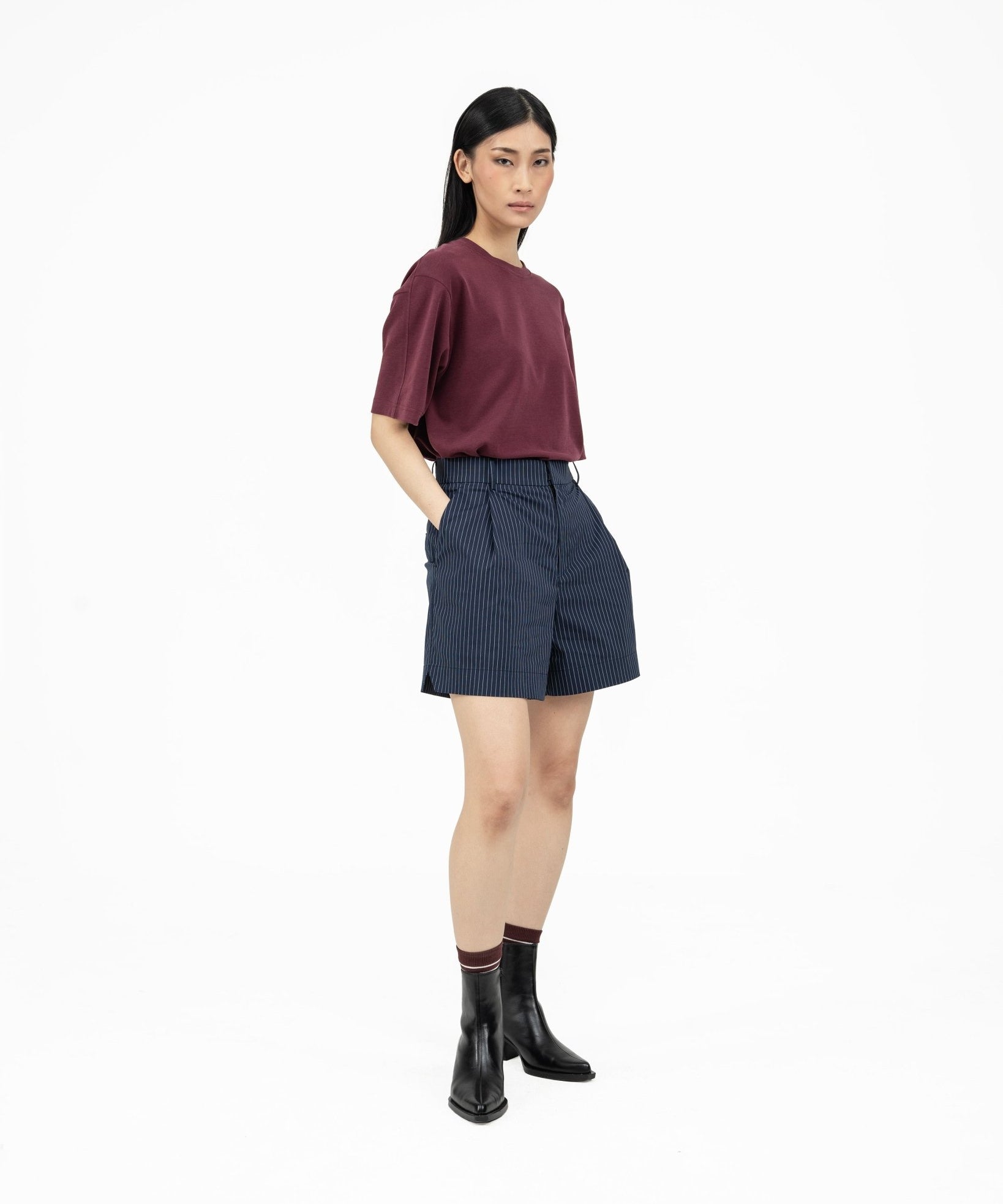 Pleated Striped Shorts - G R A Y E