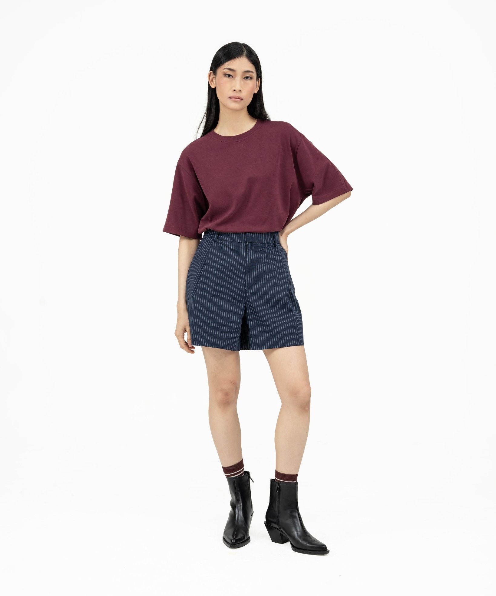 Pleated Striped Shorts - G R A Y E
