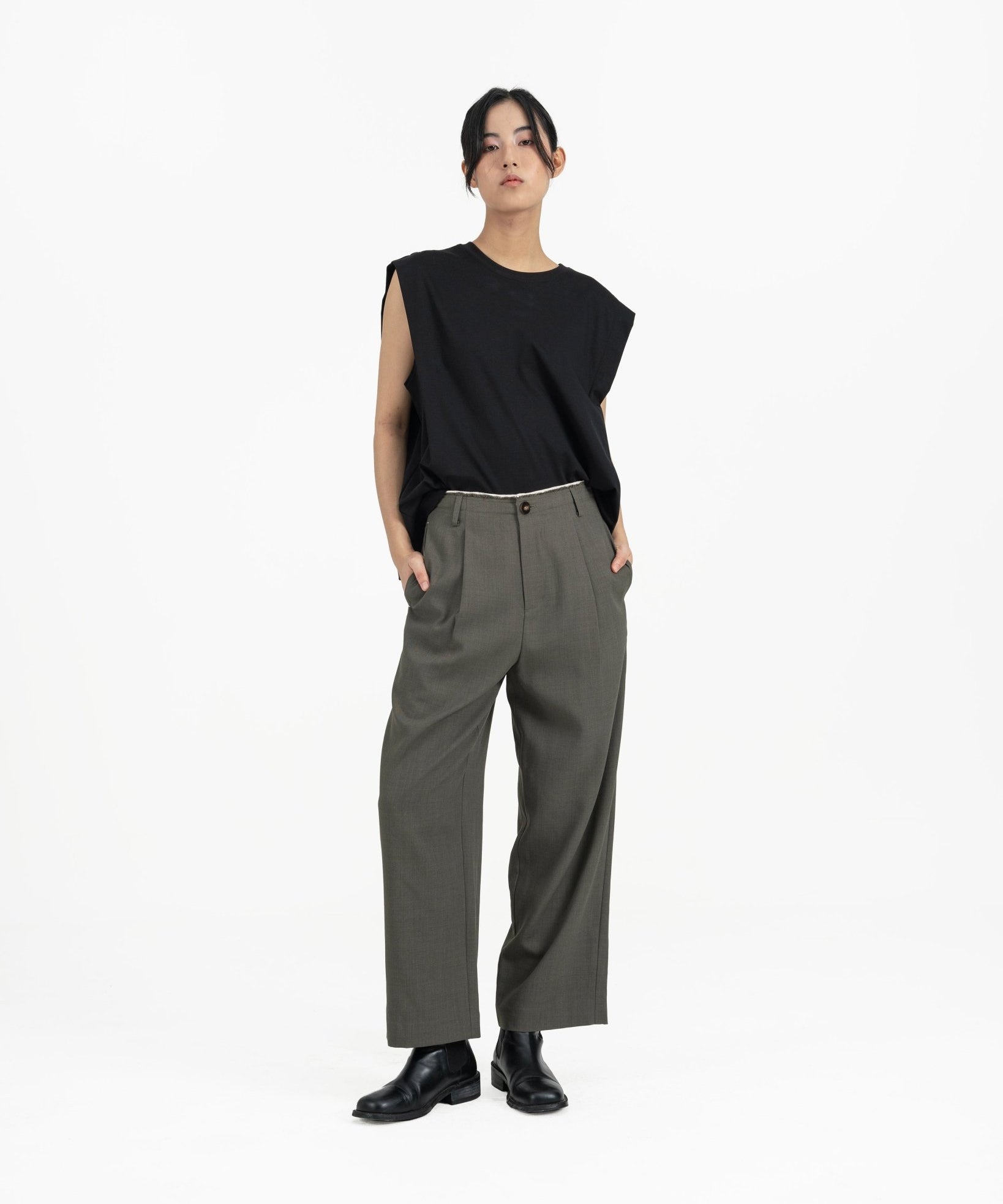 Raw Edged Tailored Pants - Olive Gray - G R A Y E