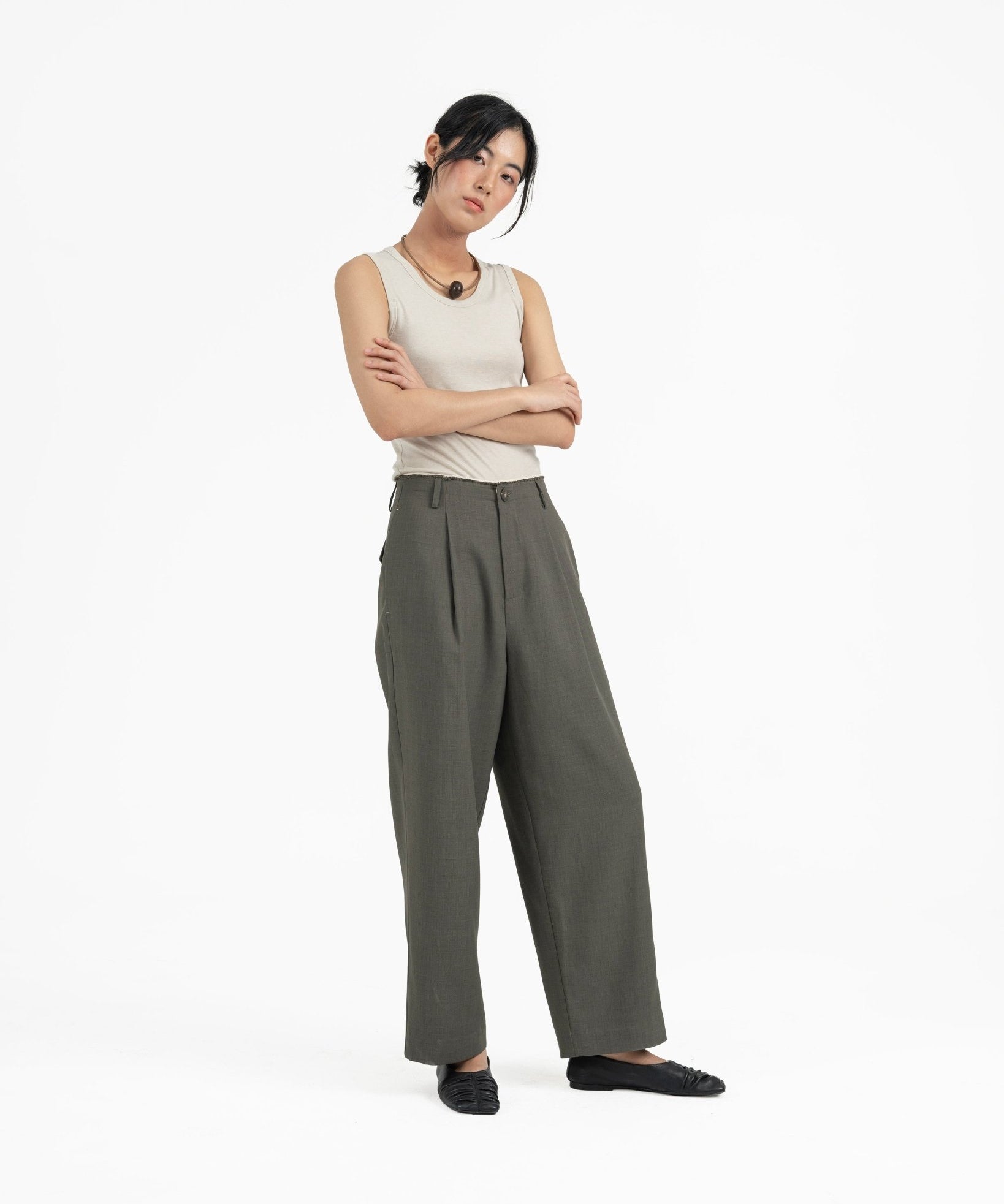 Raw Edged Tailored Pants - Olive Gray - G R A Y E