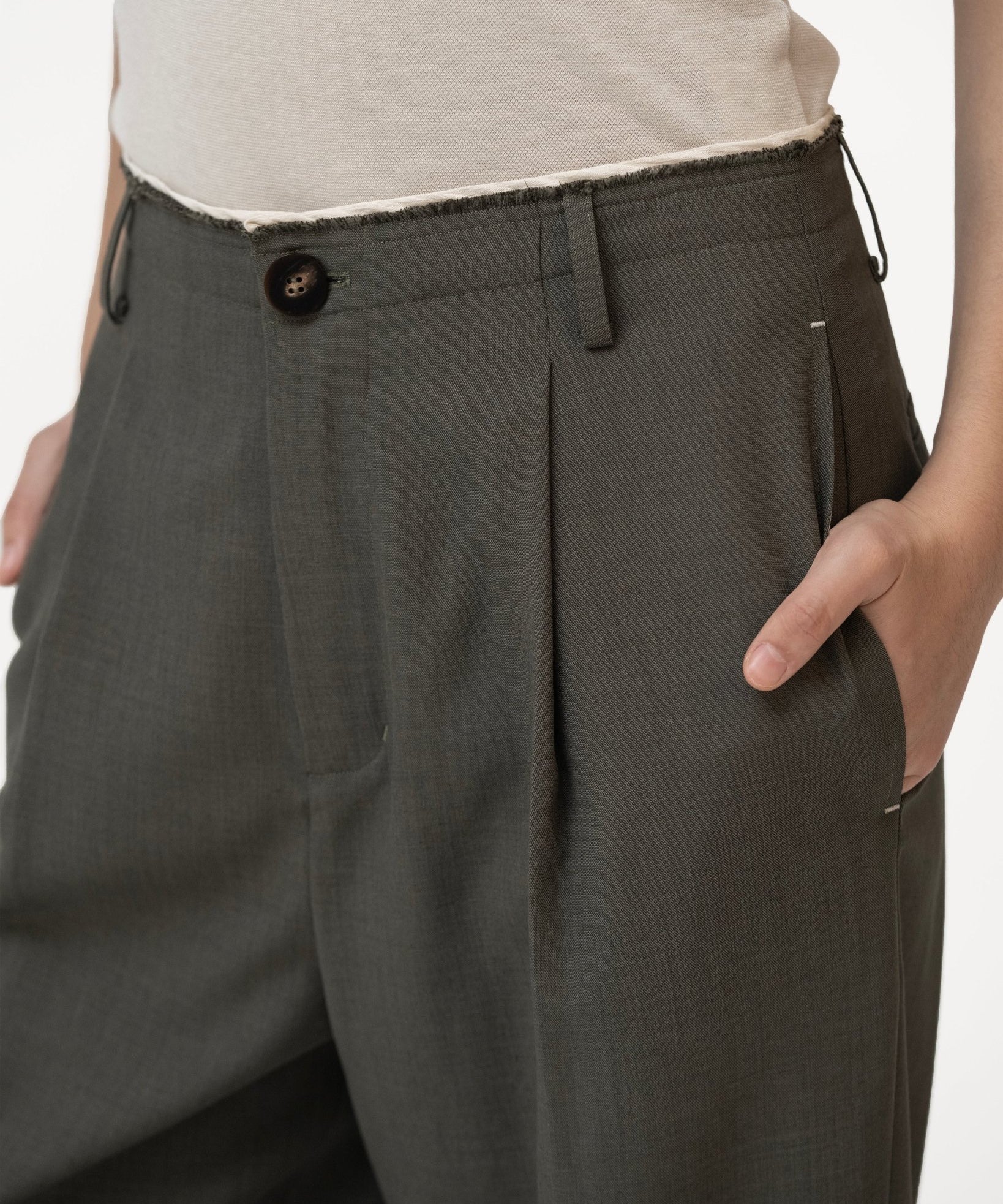 Raw Edged Tailored Pants - Olive Gray - G R A Y E