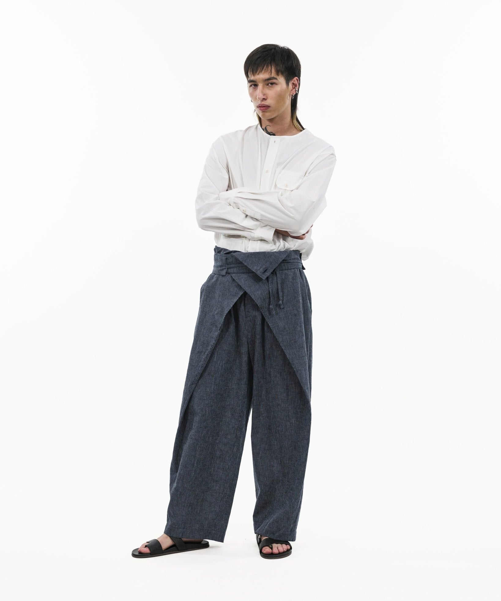 Sash Wrap Trousers - Pinstripe Blue - G R A Y E
