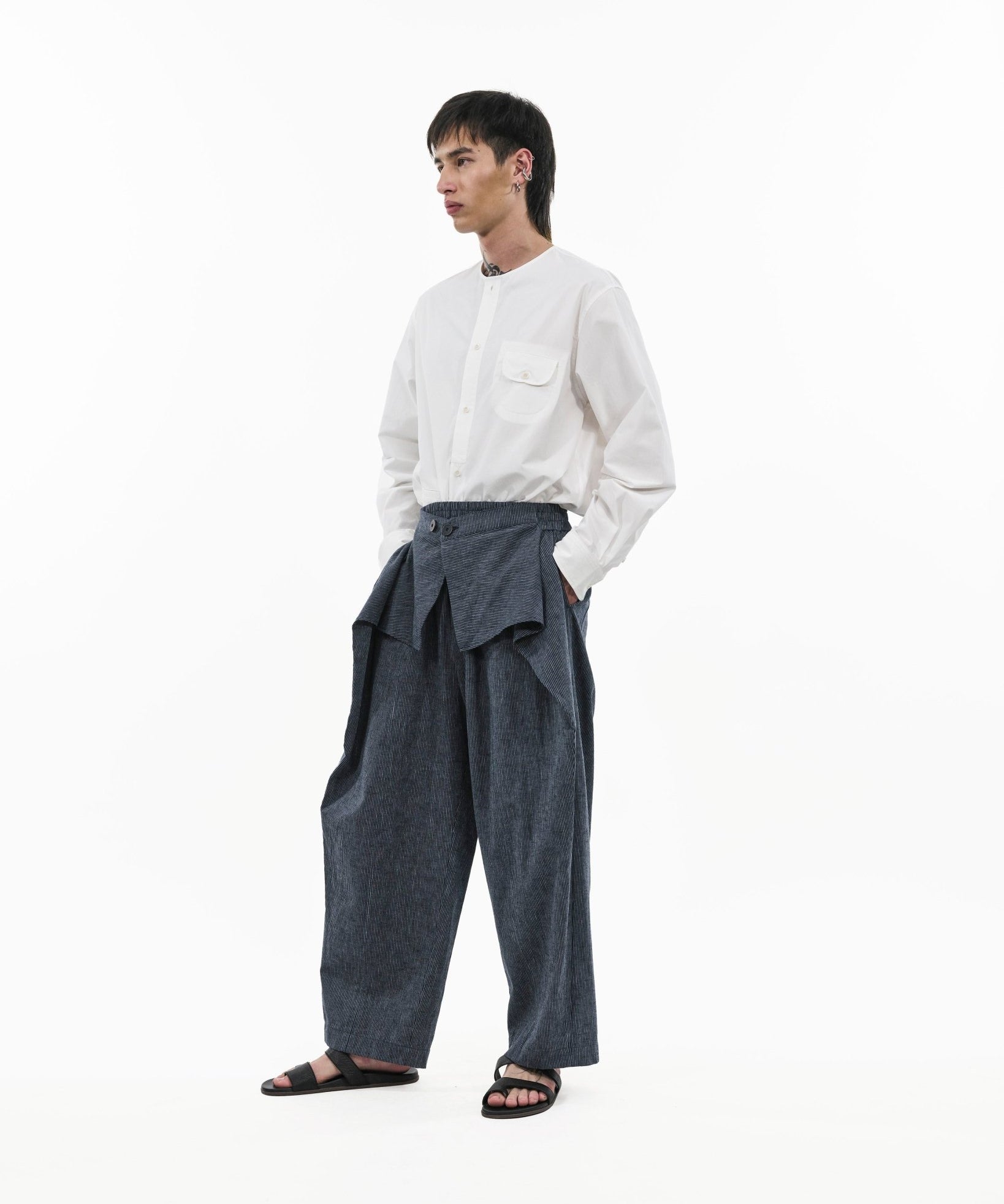 Sash Wrap Trousers - Pinstripe Blue - G R A Y E