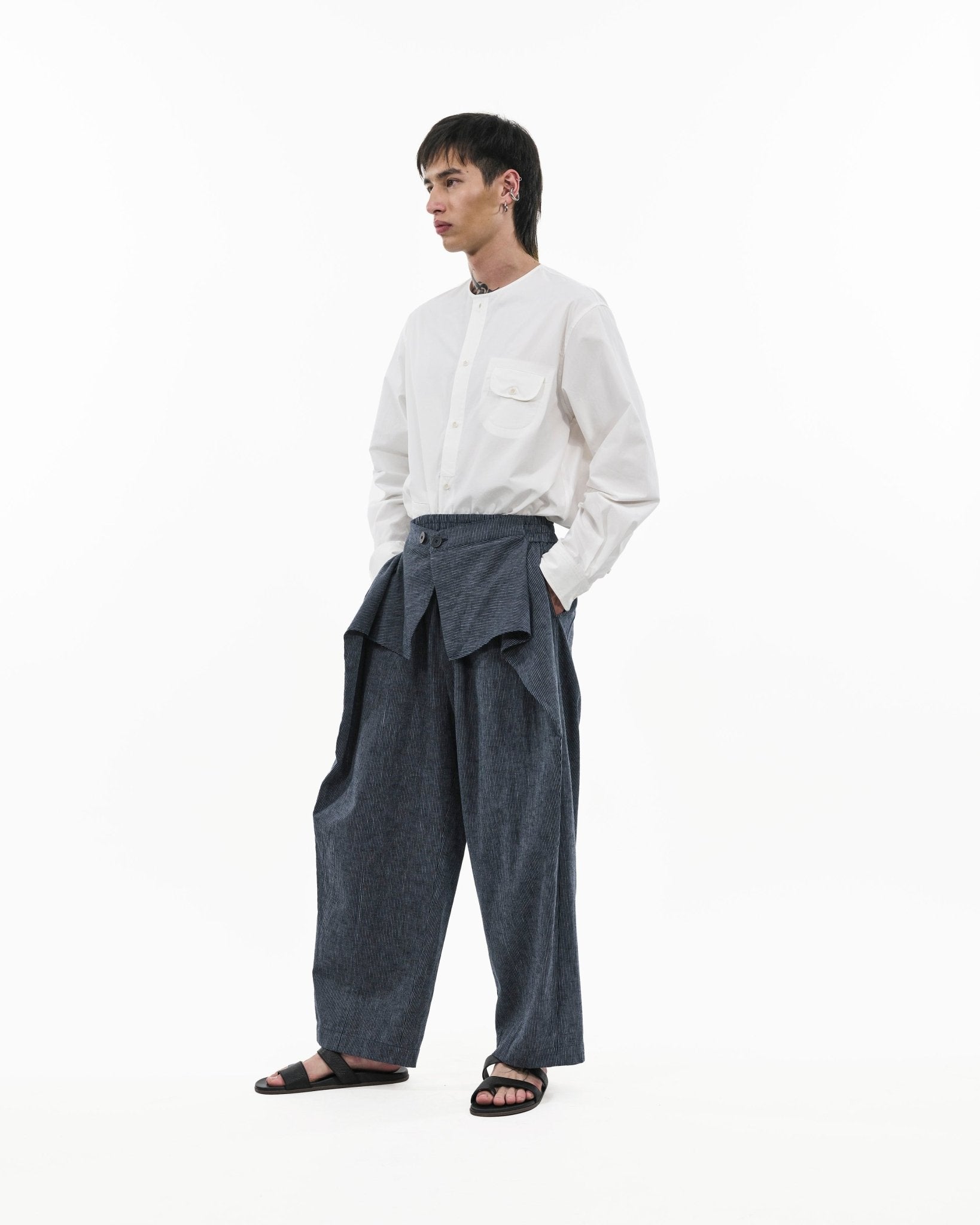 Sash Wrap Trousers - Pinstripe Blue - G R A Y E