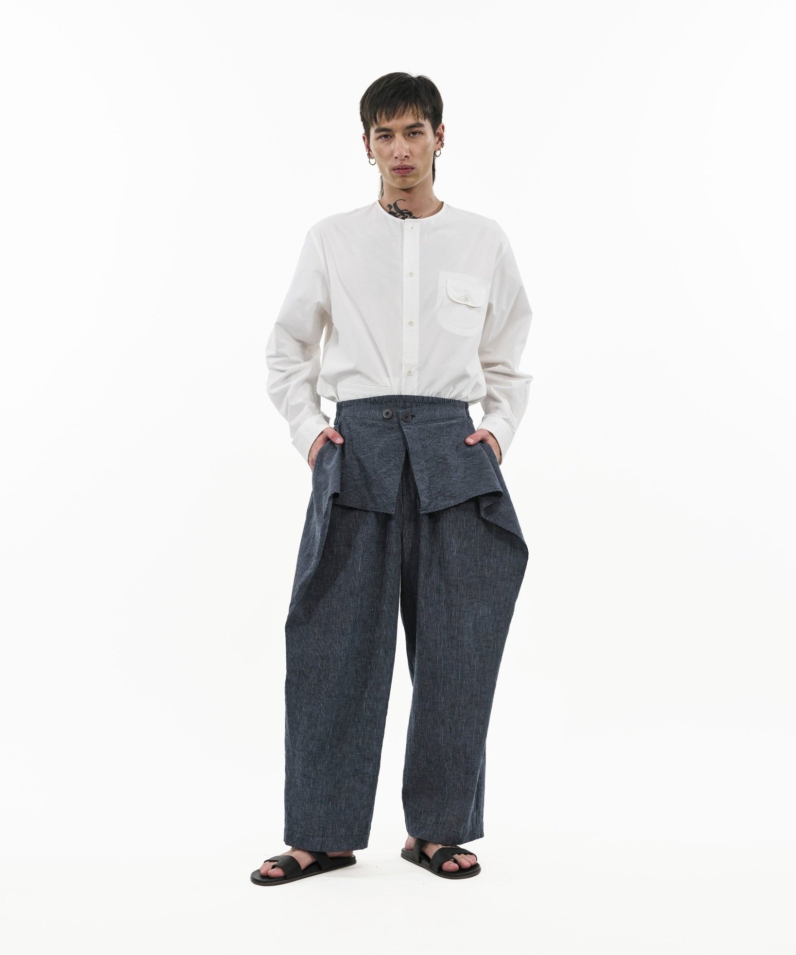 Sash Wrap Trousers - Pinstripe Blue - G R A Y E
