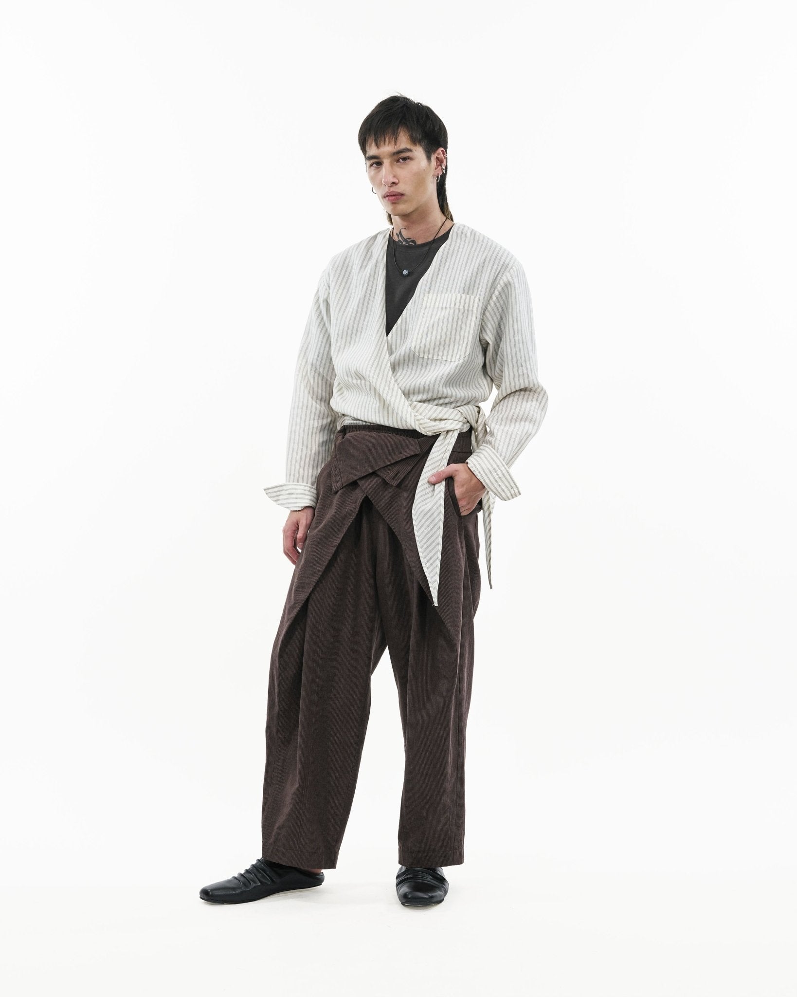 Sash Wrap Trousers - Pinstripe Brown - G R A Y E