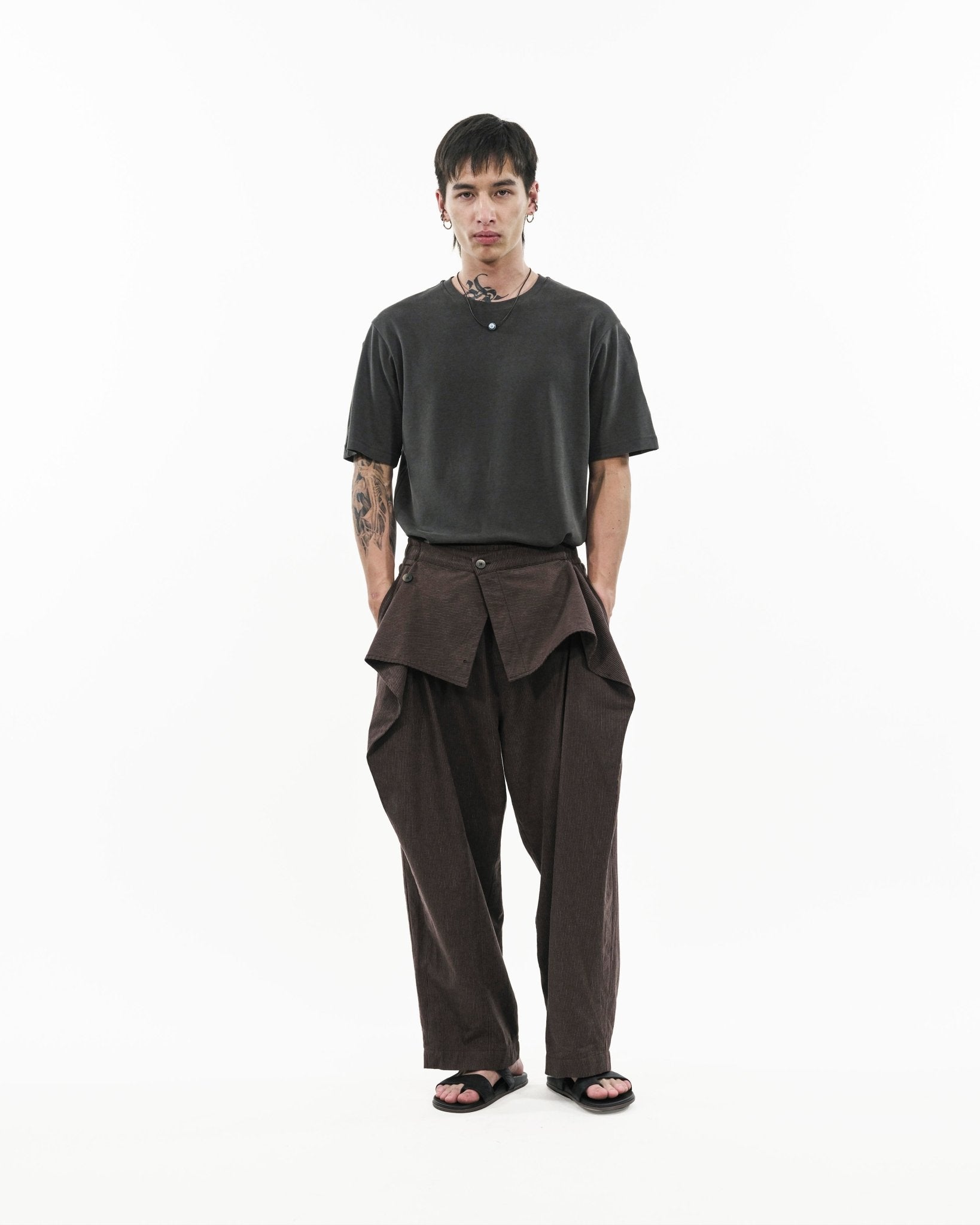 Sash Wrap Trousers - Pinstripe Brown - G R A Y E
