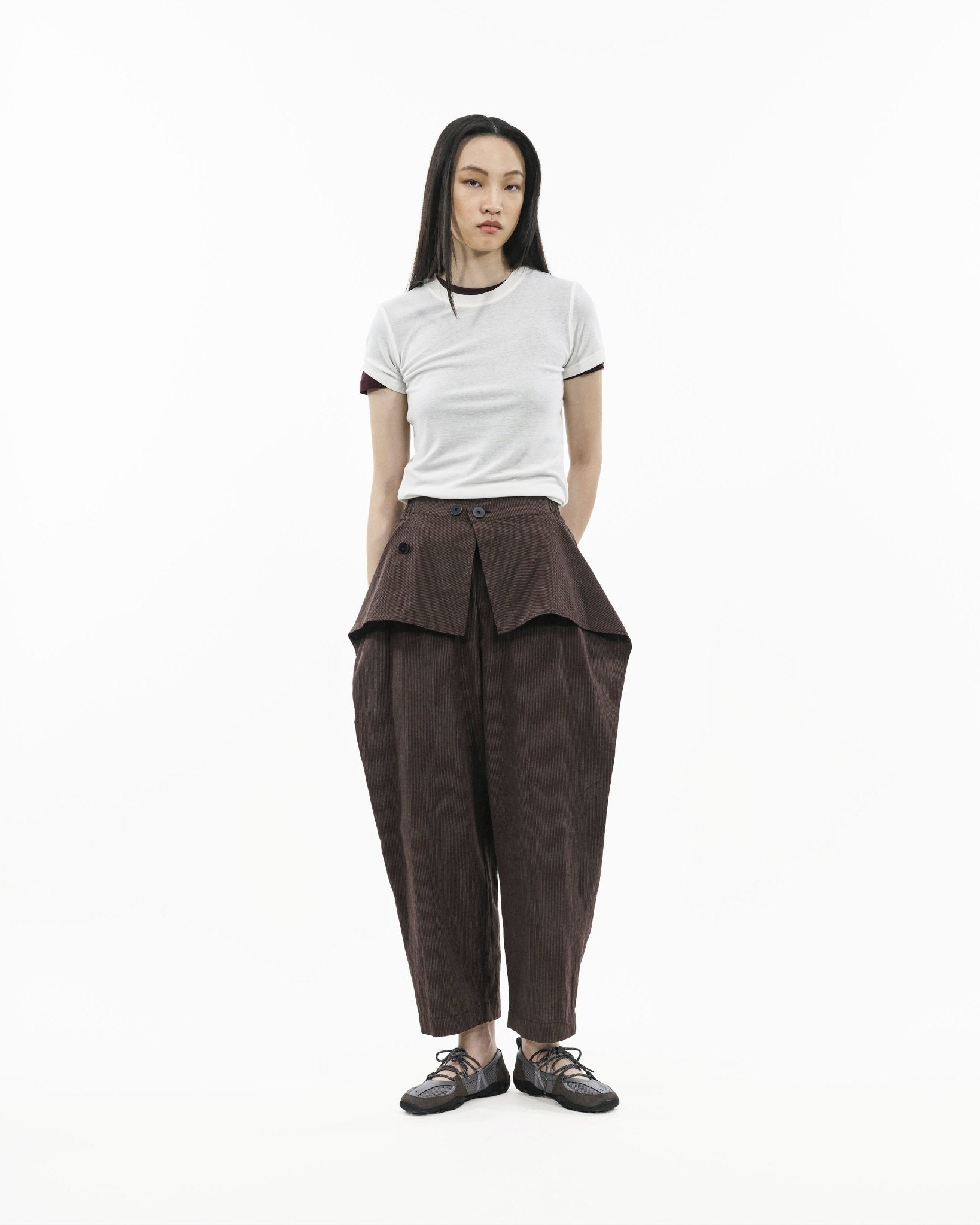 Sash Wrap Trousers - Pinstripe Brown - G R A Y E