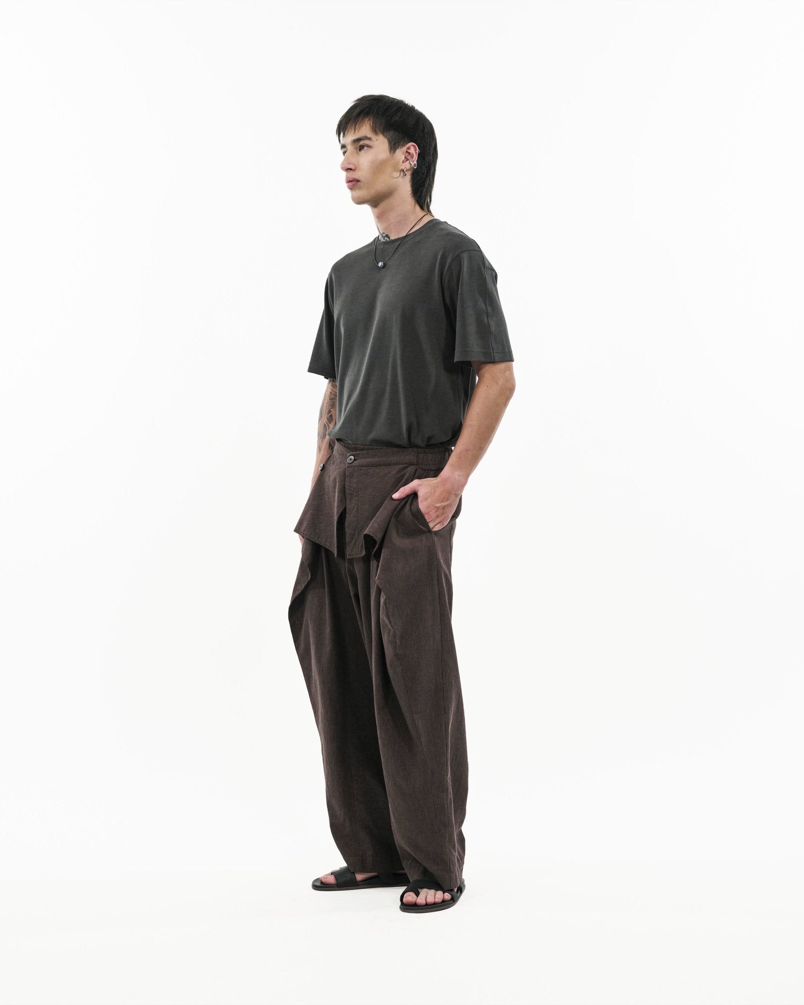 Sash Wrap Trousers - Pinstripe Brown - G R A Y E