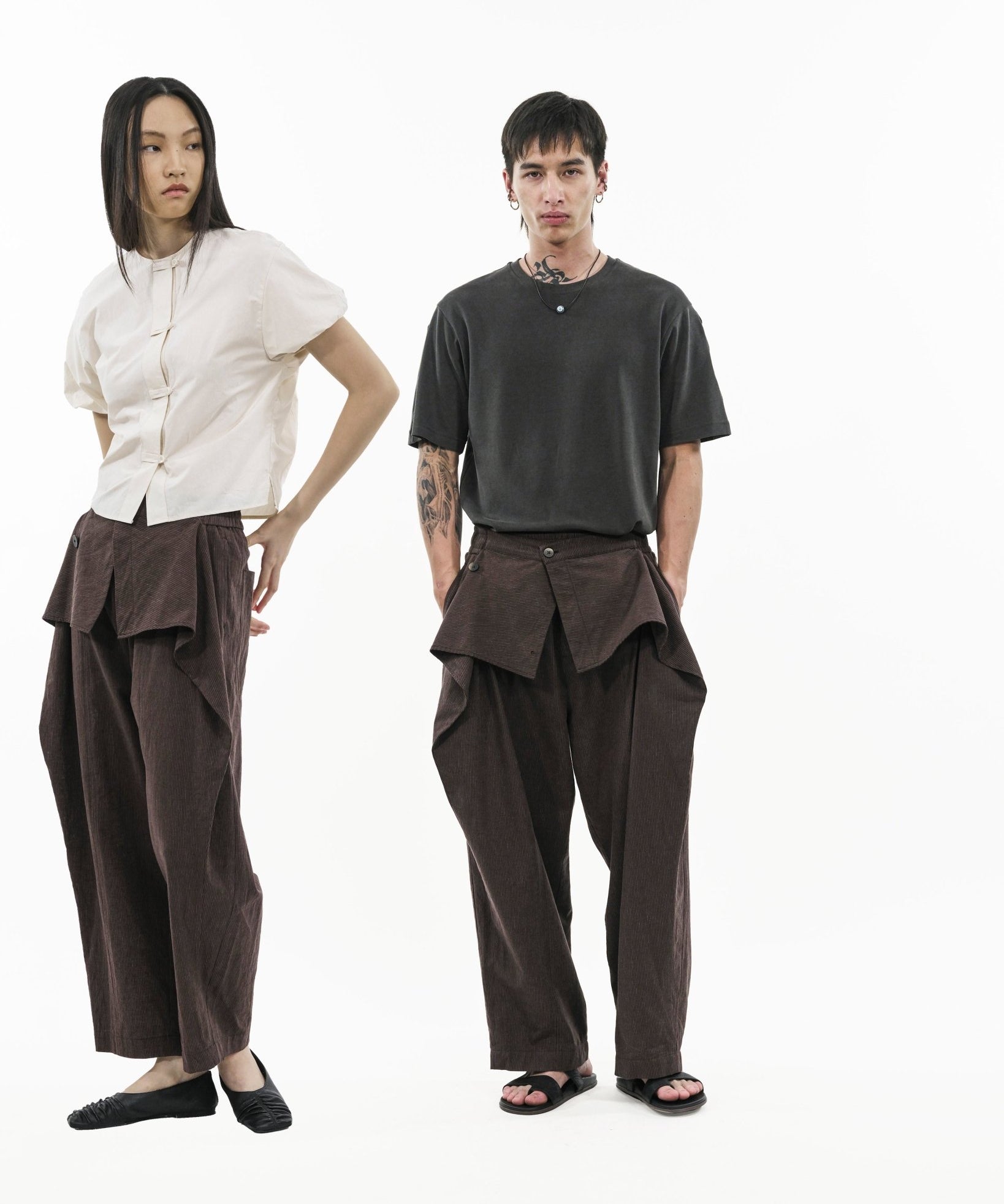 Sash Wrap Trousers - Pinstripe Brown - G R A Y E