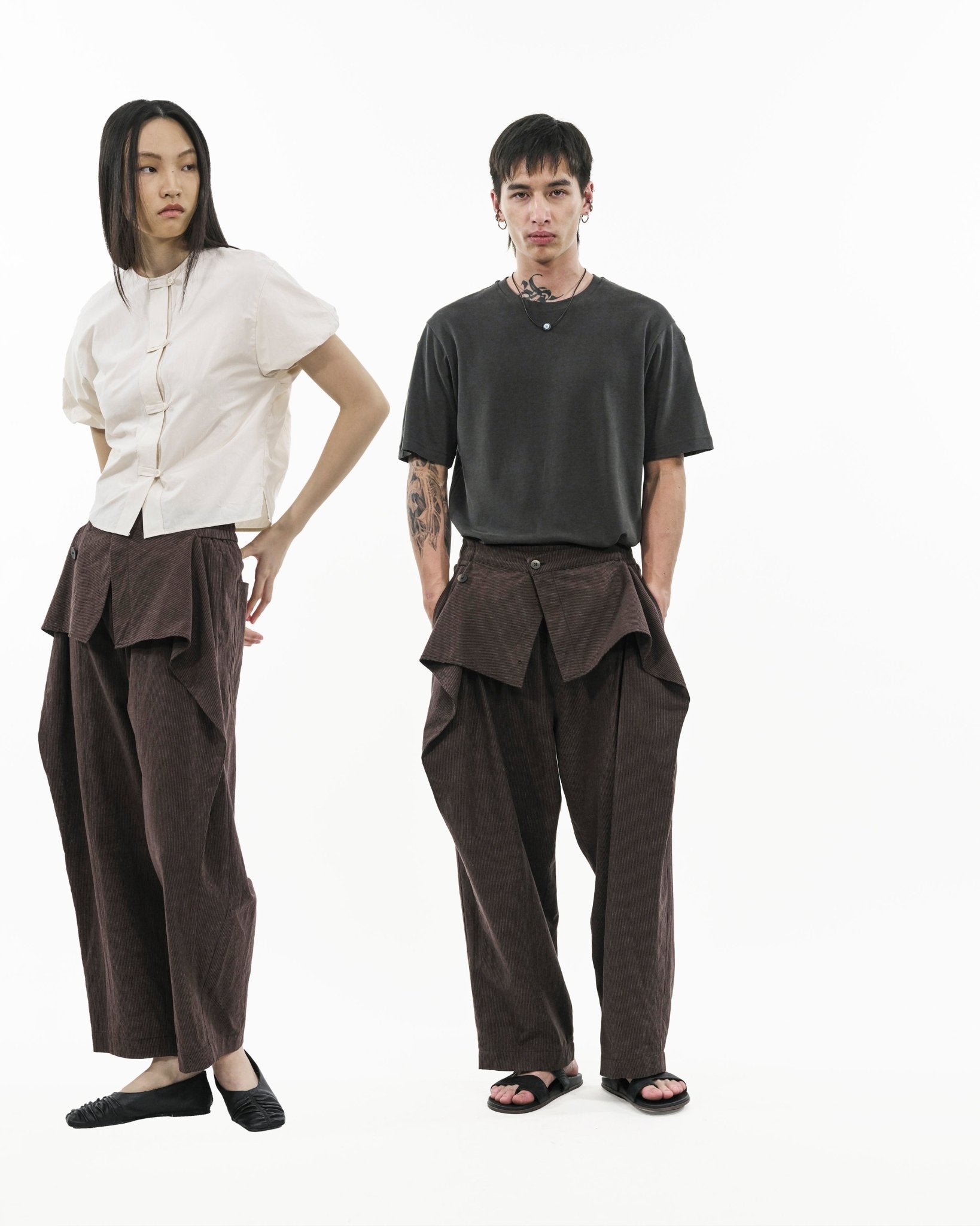Sash Wrap Trousers - Pinstripe Brown - G R A Y E