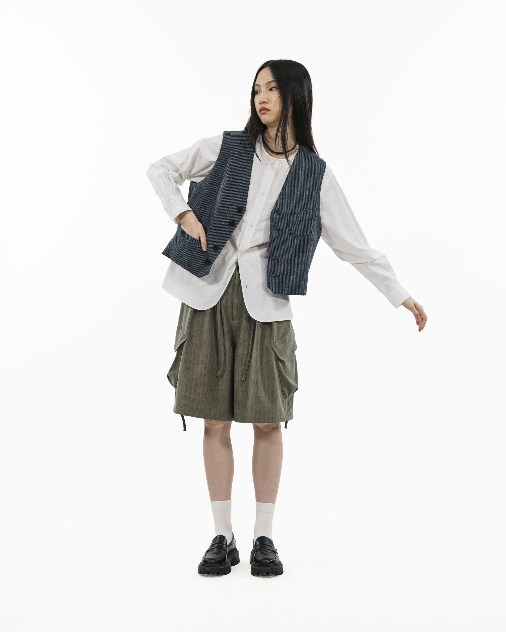 V - Neck Overlay Vest - Pinstripe Blue - G R A Y E