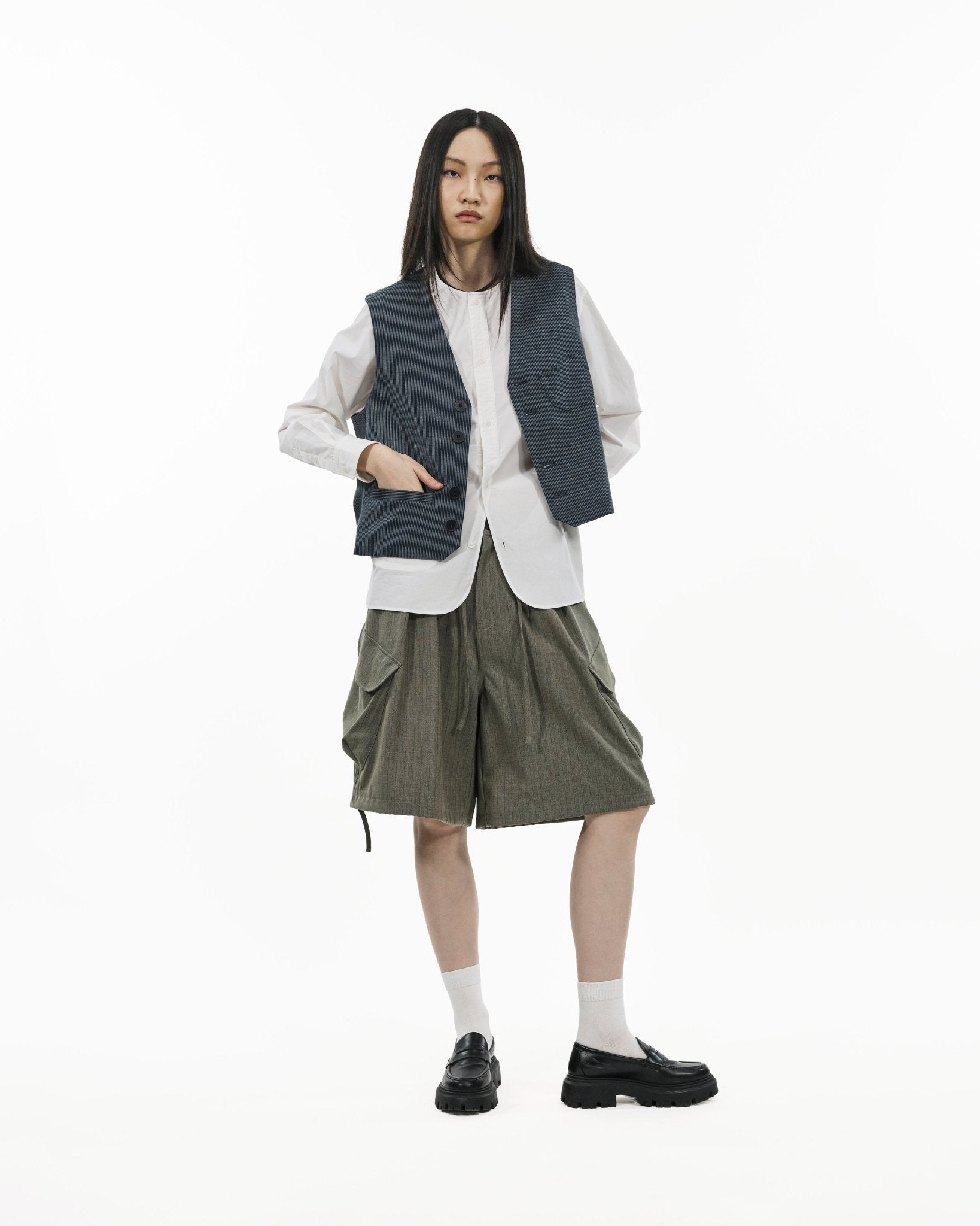 V - Neck Overlay Vest - Pinstripe Blue - G R A Y E