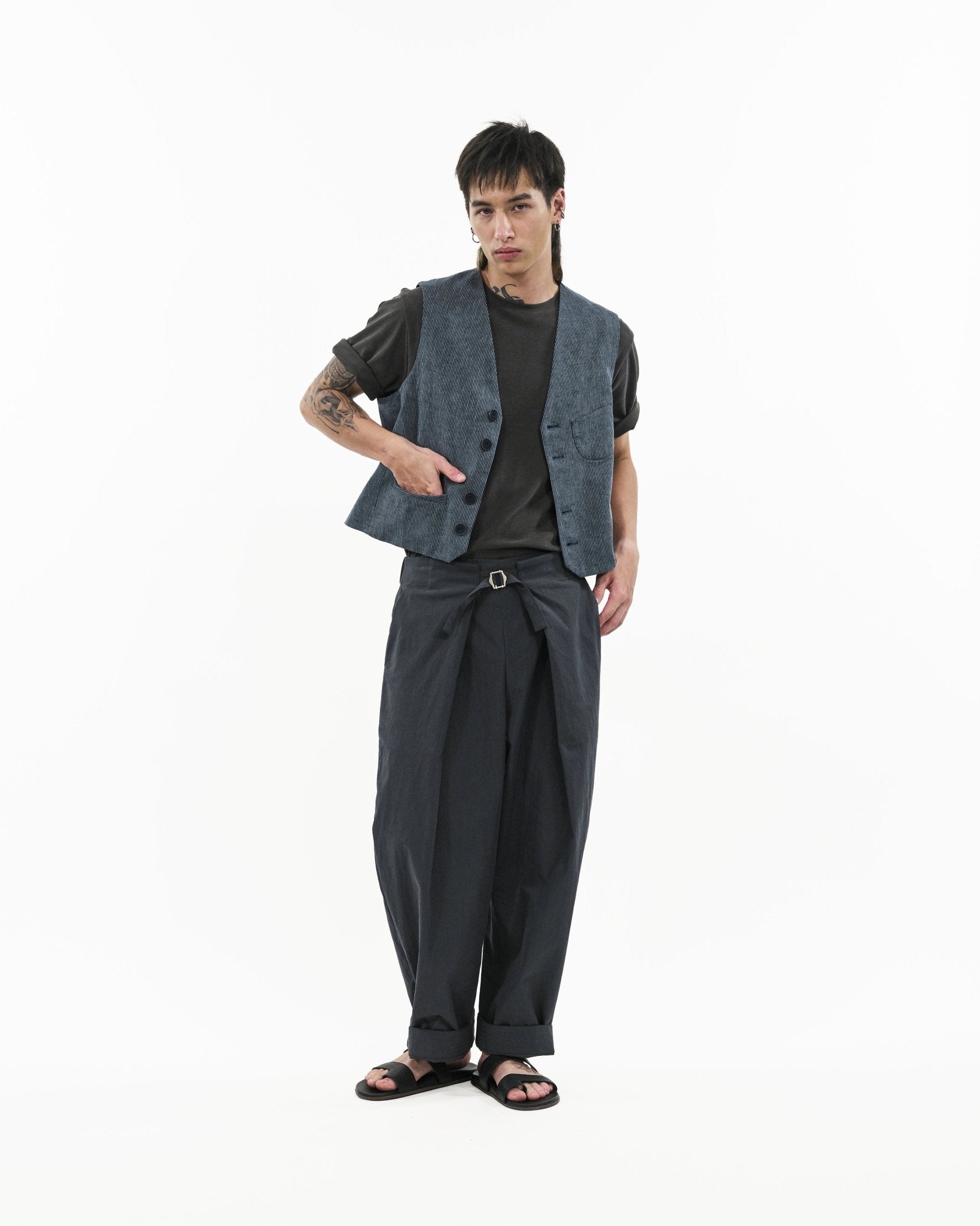 V - Neck Overlay Vest - Pinstripe Blue - G R A Y E