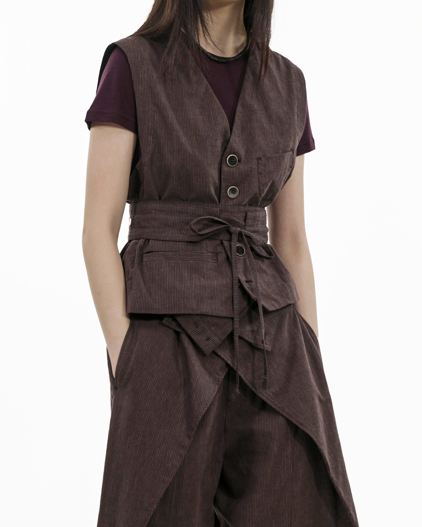 V - Neck Overlay Vest - Pinstripe Brown - G R A Y E