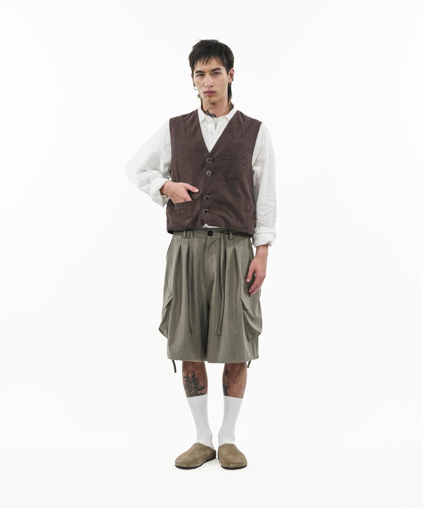 V - Neck Overlay Vest - Pinstripe Brown - G R A Y E