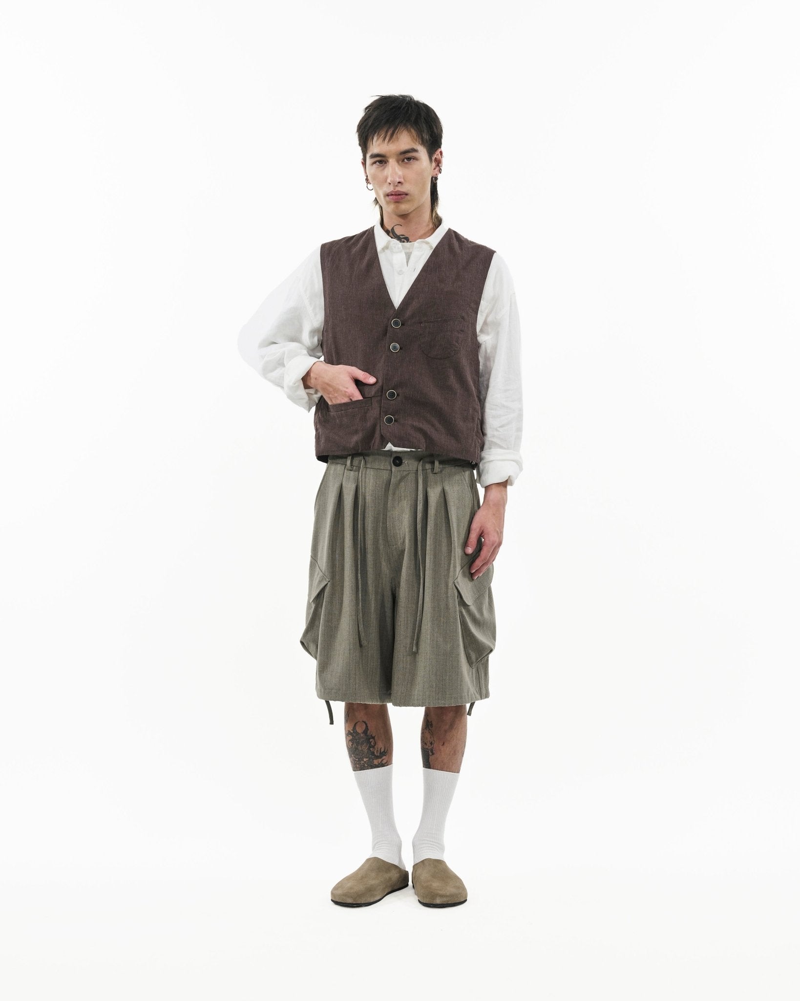 V - Neck Overlay Vest - Pinstripe Brown - G R A Y E