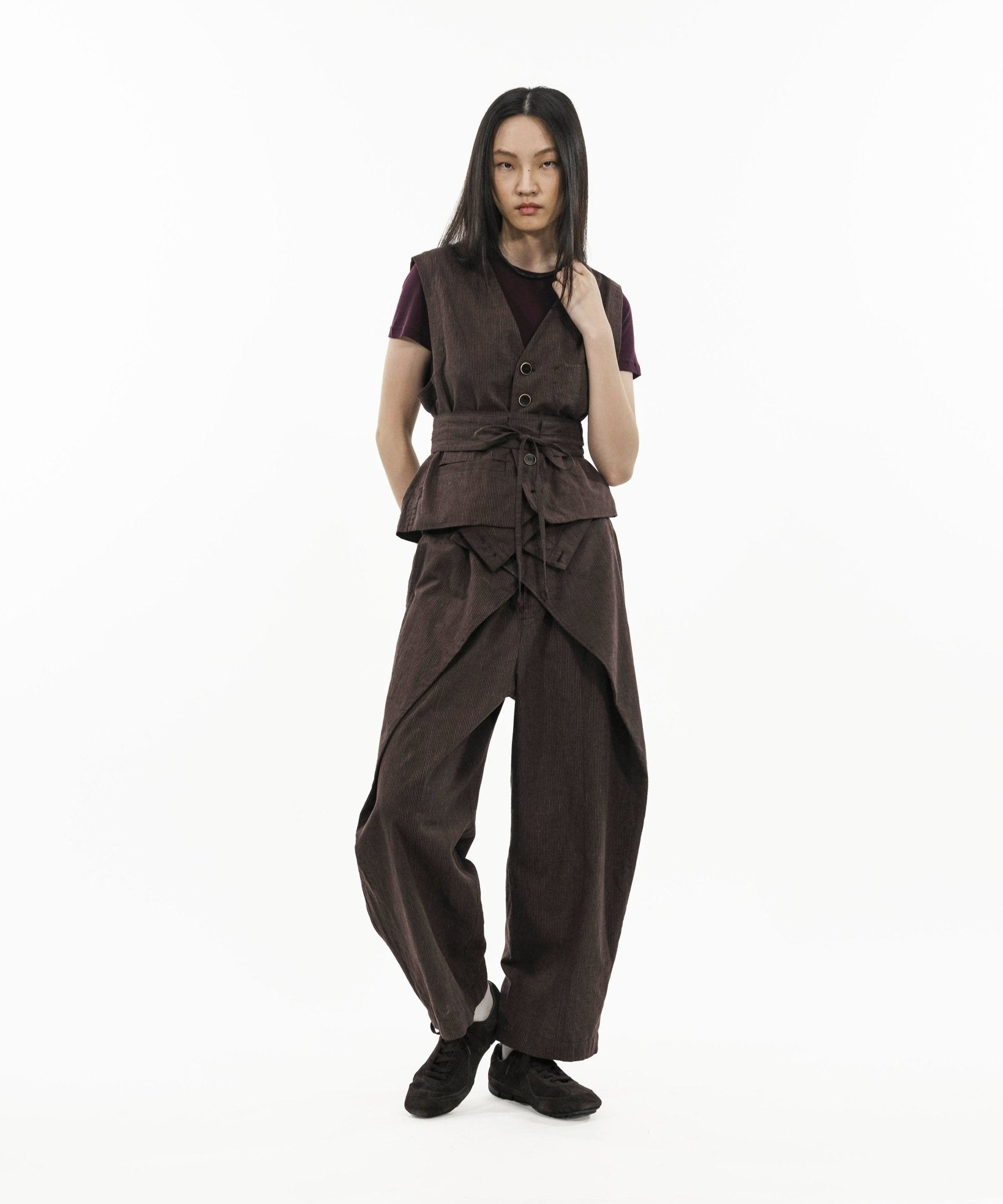 V - Neck Overlay Vest - Pinstripe Brown - G R A Y E