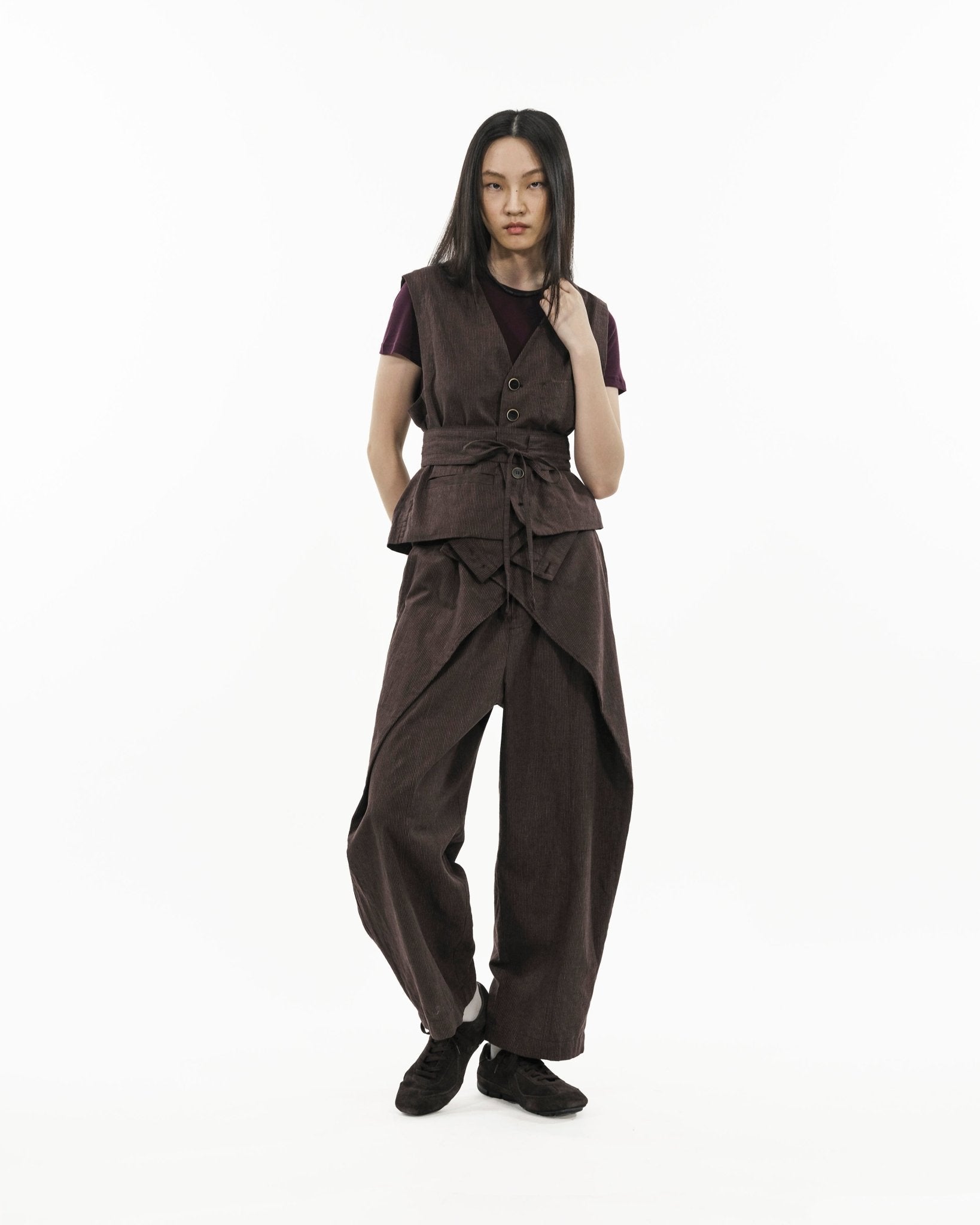 V - Neck Overlay Vest - Pinstripe Brown - G R A Y E