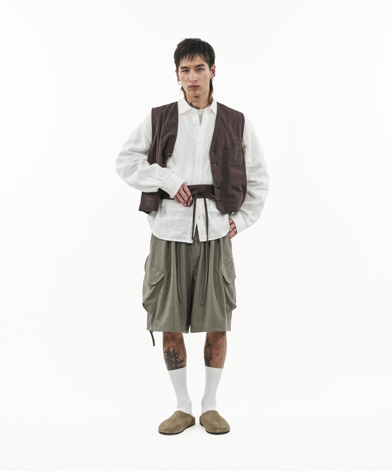 V - Neck Overlay Vest - Pinstripe Brown - G R A Y E