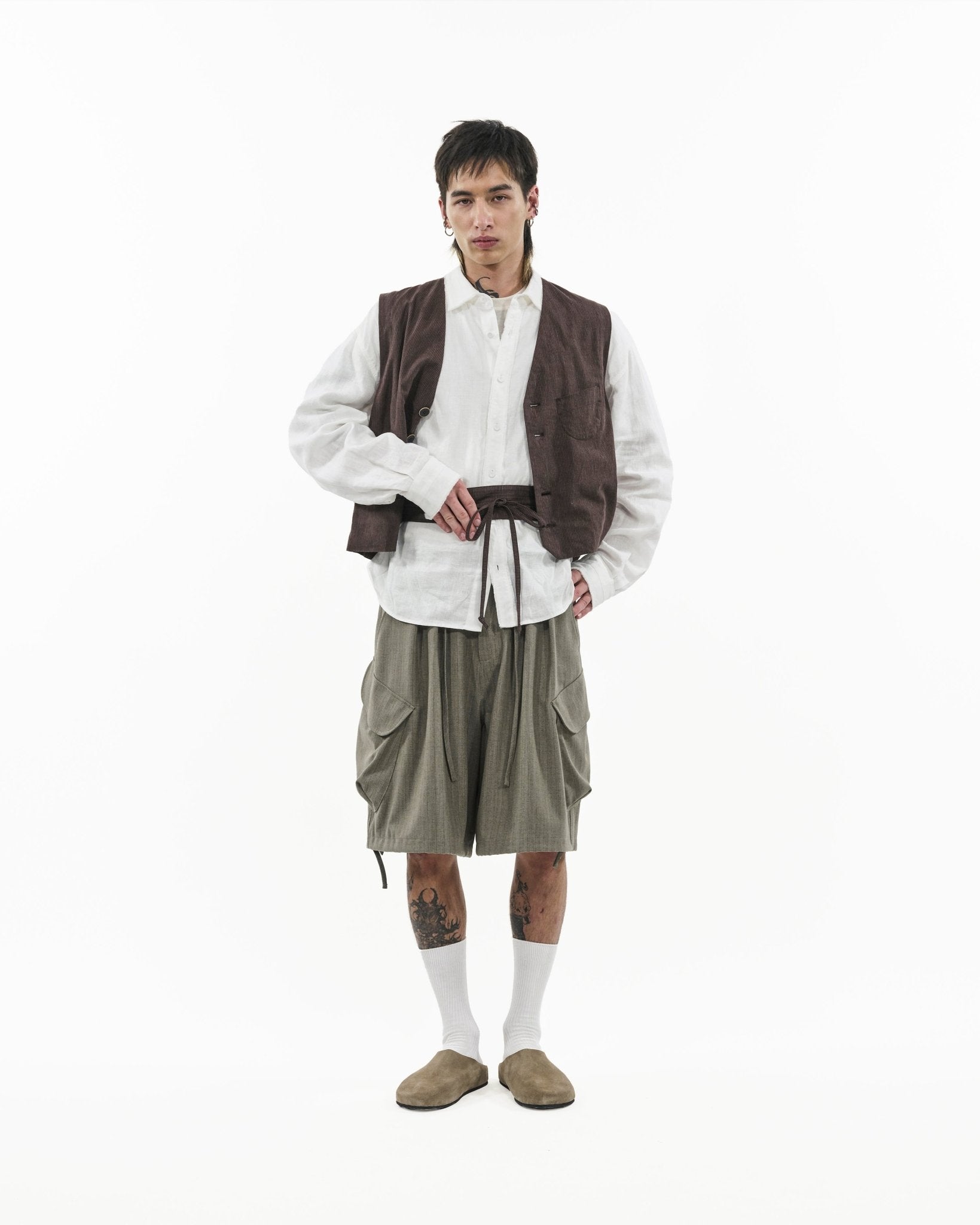 V - Neck Overlay Vest - Pinstripe Brown - G R A Y E