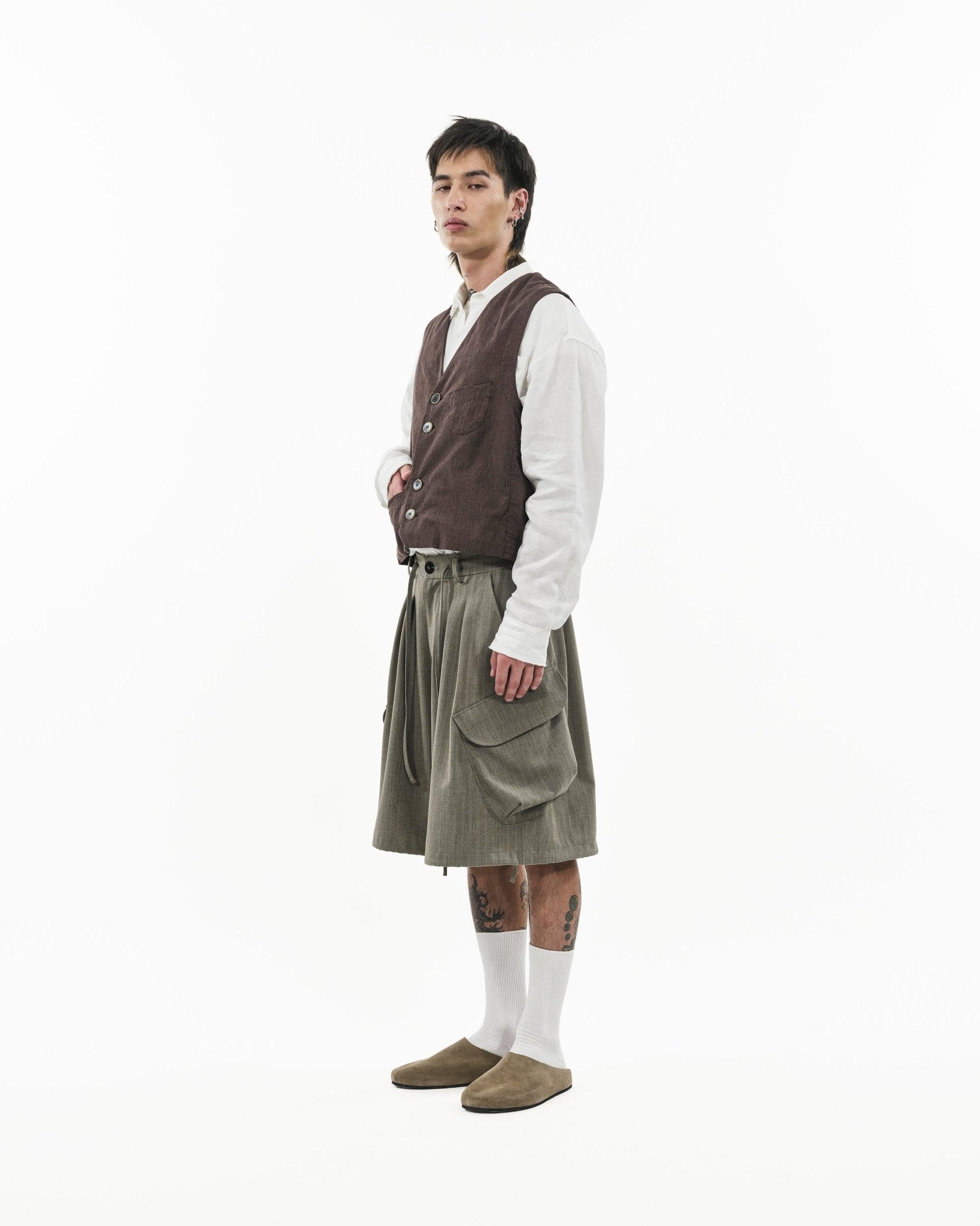 V - Neck Overlay Vest - Pinstripe Brown - G R A Y E