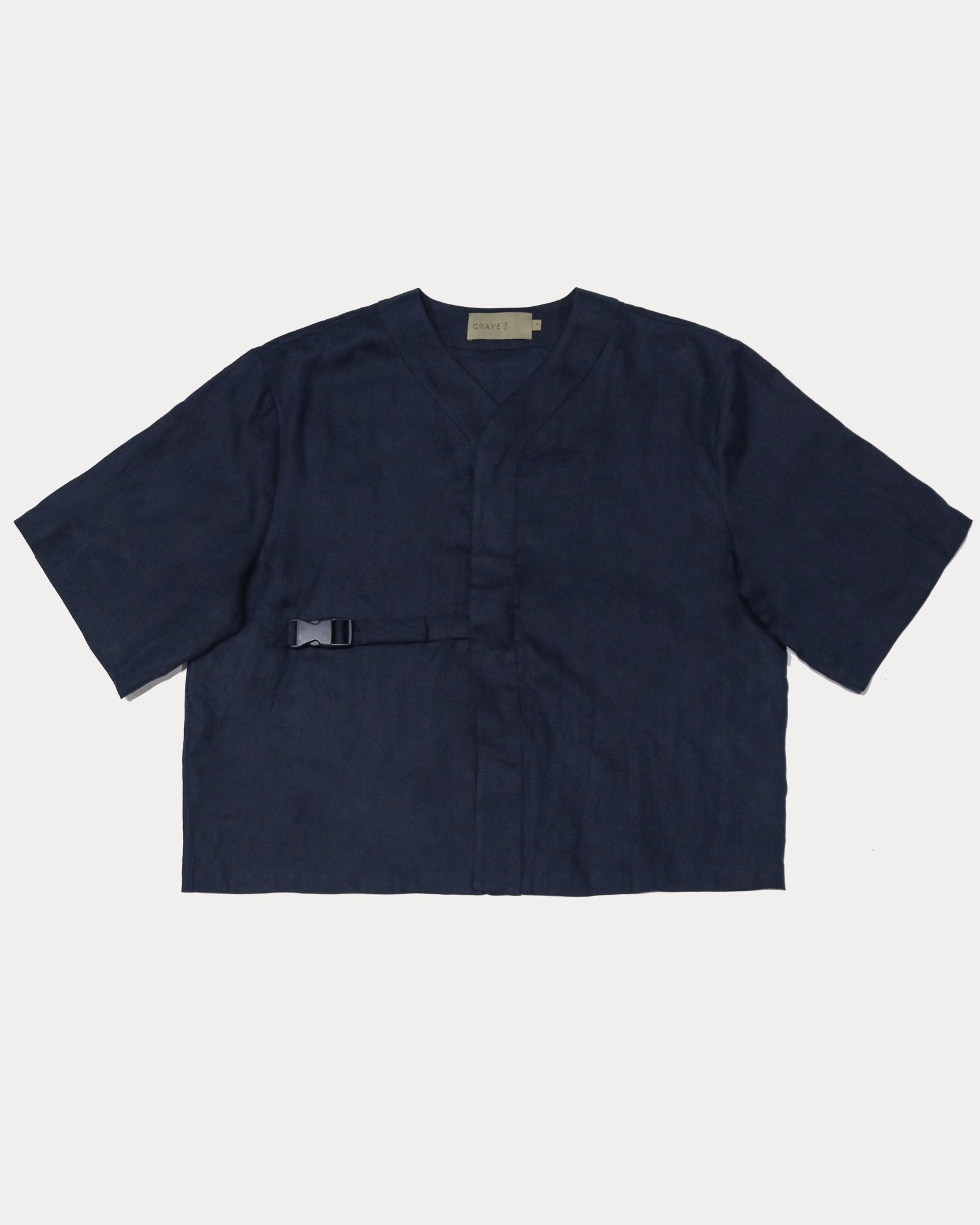 Shōto Linen Baseball Collar Top - Navy Blue - G R A Y E
